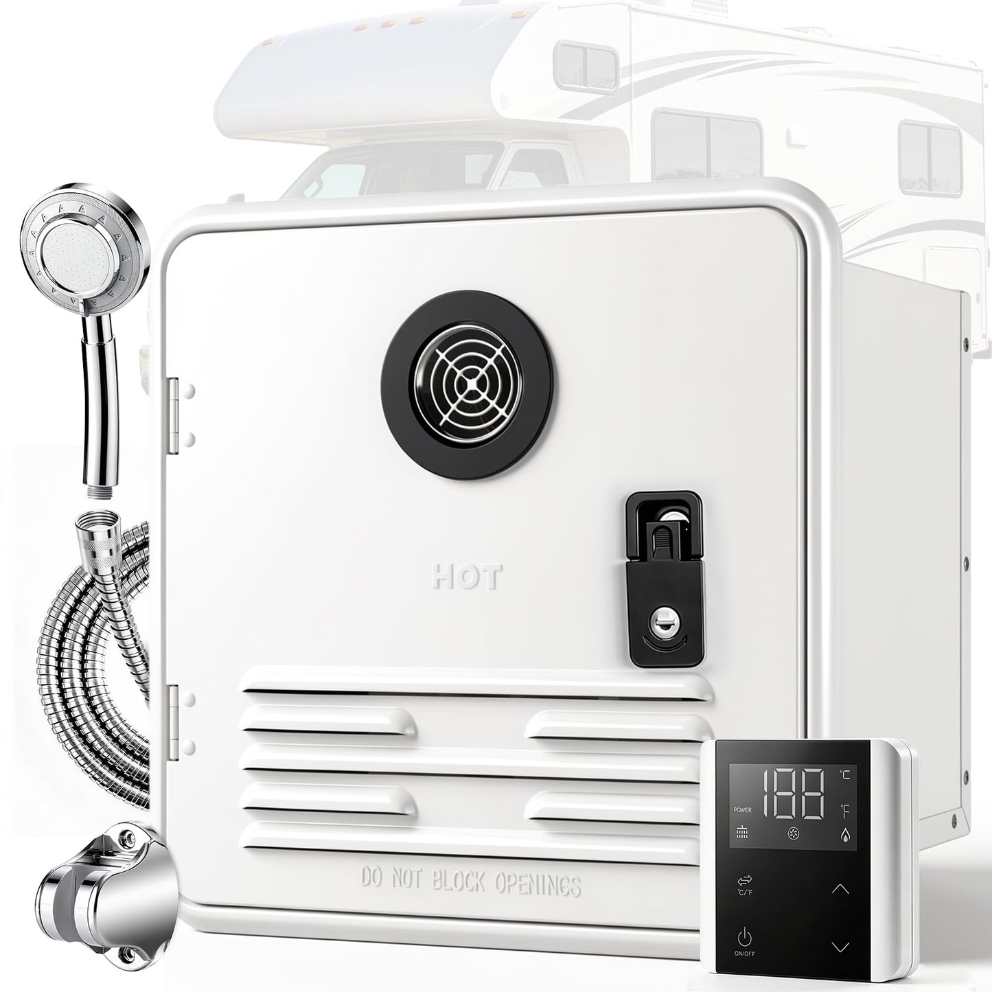 RV Tankless Water Heater, Silvbott 65000 BTU Propane Gas On Demand 12V RV Instant Hot Water Heater with Remote 15"x15" Door White High Altitude Compatible CSA Certified for All RV Camper Trailer