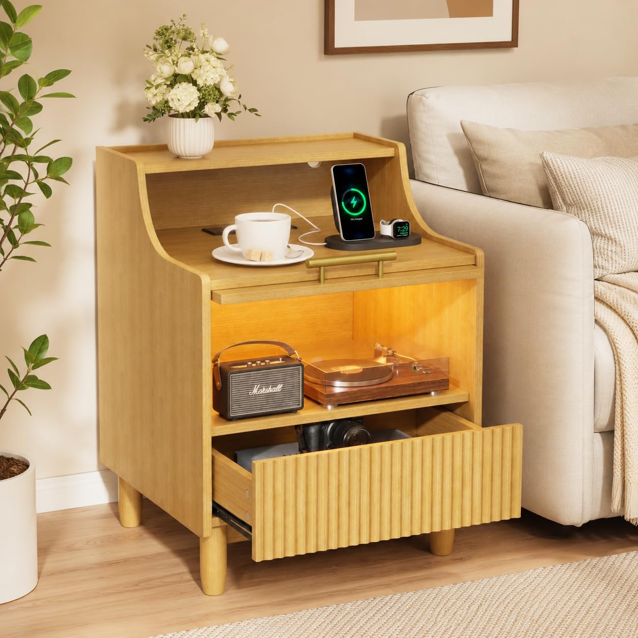 Einhomn Nightstand Set of 2 with Charging Station & LED Light, Fluted Beside Table with Drawer & Transparent Storage, Side Table for Living Room, Narrow Bedside Table for Bedroom Small Space, Natural