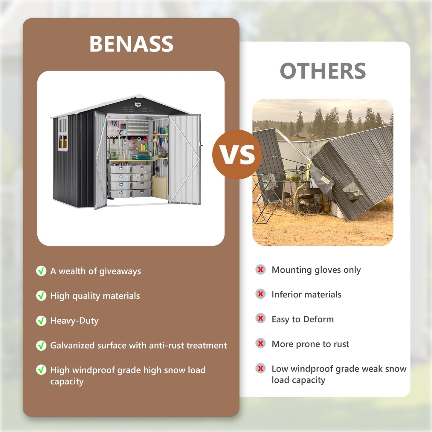 Benass 8x6 FT Outdoor Storage Shed, Metal Garden Shed - Tool Storage Sheds with Lockable Doors & 1 Clear Window, Waterproof Outside Storage Building for Backyard, Patio (Black; Floor Not Included)