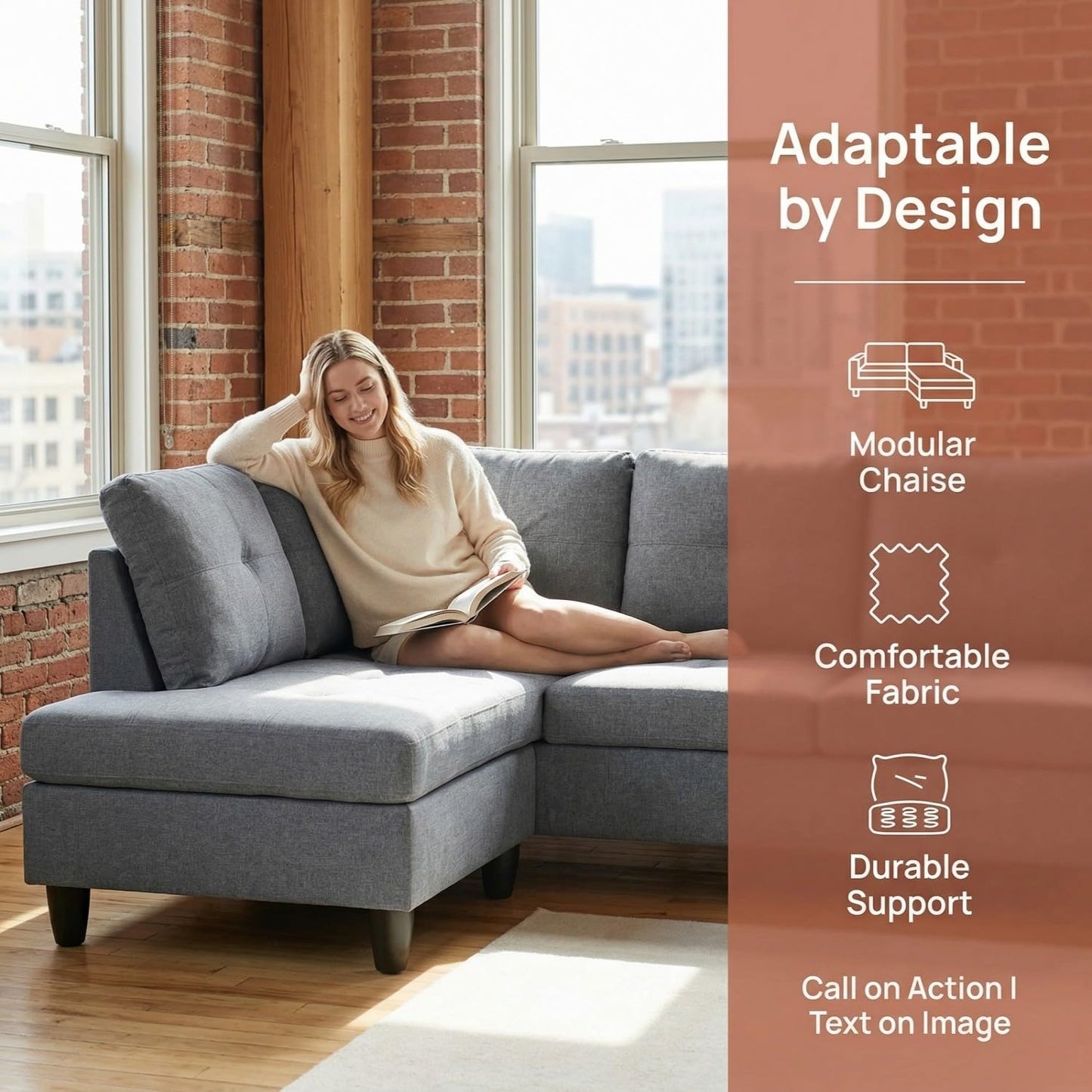 NicBex Comfy Couches for Living Room, 2-Piece 97" L-Shaped Sectional Couch with Movable Chaise, Modern Sofa Living Room Set for Apartment, Office & Bedroom, Ash Grey