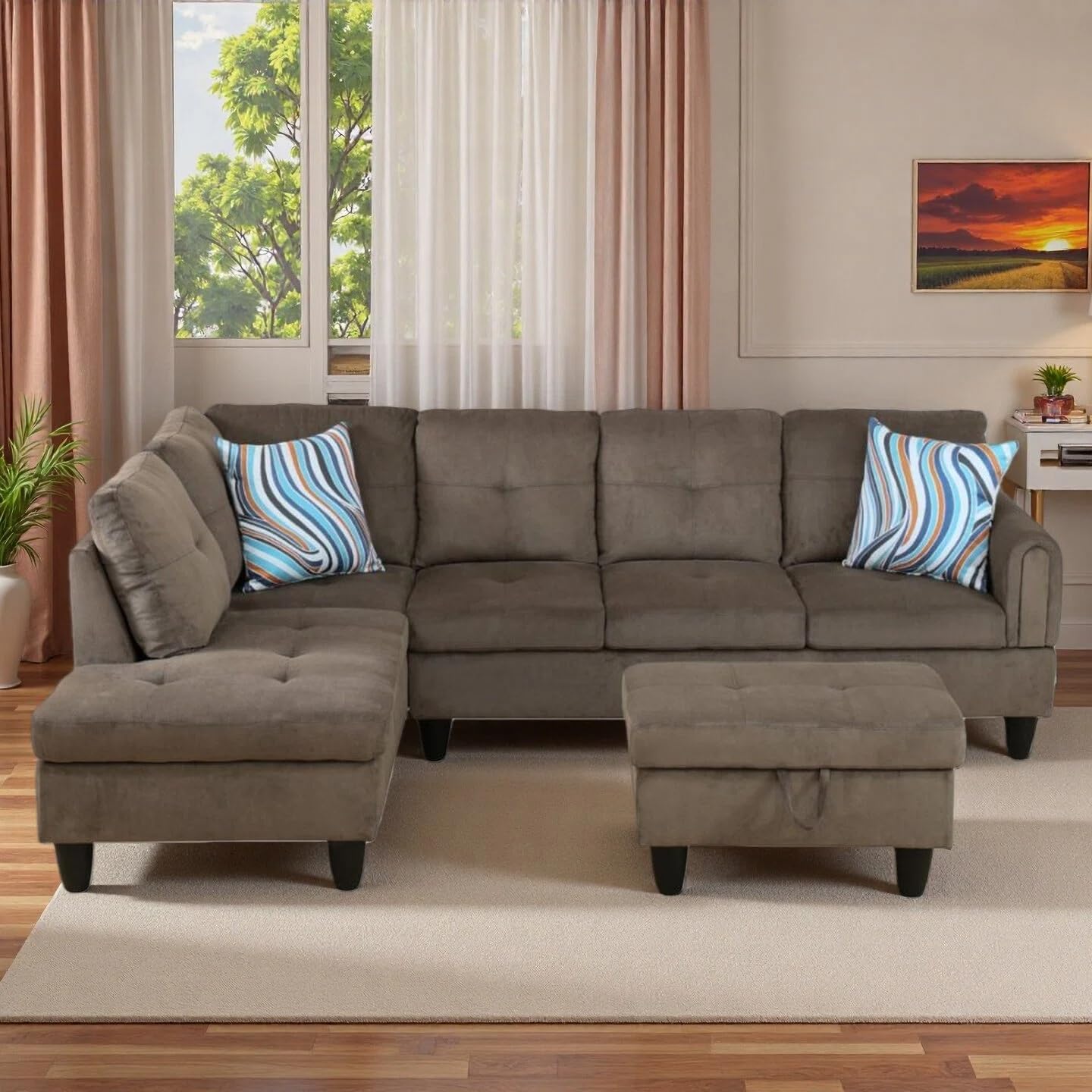 Trygoal L-Shaped Sectional Sofa with Movable Chaise & Storage Ottoman, Lounge 3-Piece Modular Convertible Couches for Living Room, Apartment & Office, Taupe