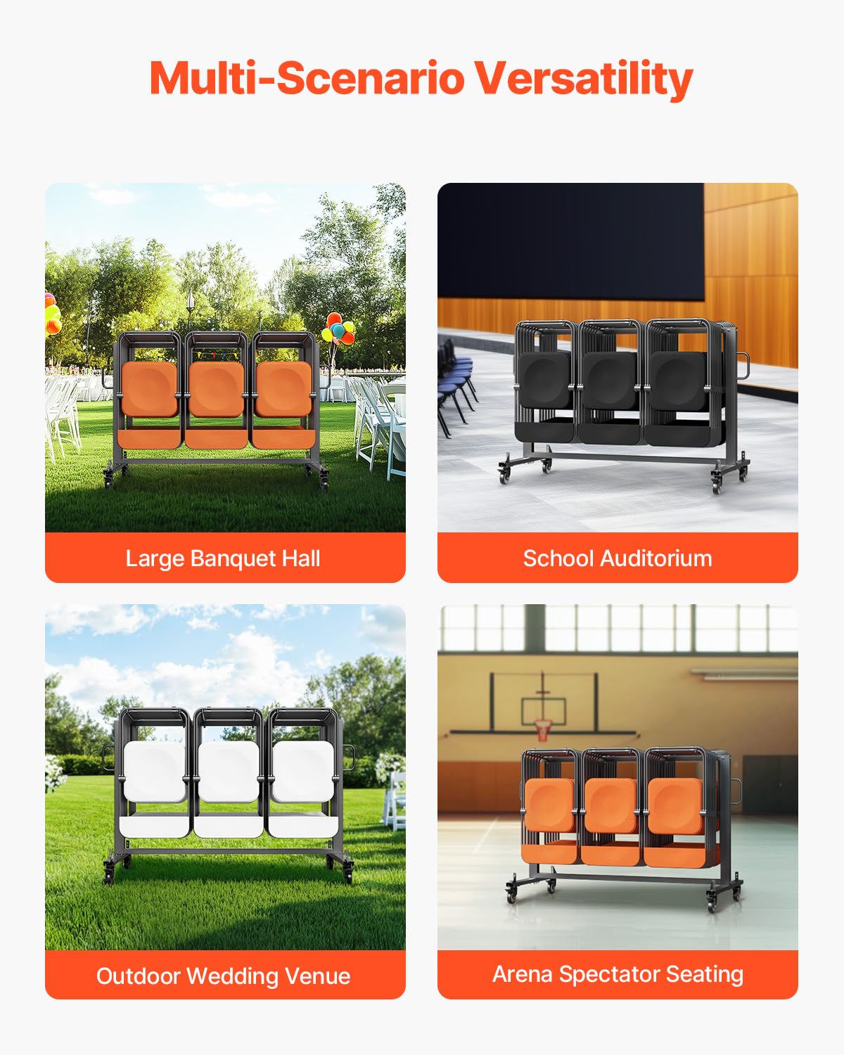VEVOR Folding Chair Rack, 400 LBS Capacity, Heavy-Duty Chair Cart for 42 Chairs or 12 Tables, Multi-Function Chair Storage Dolly with Rubber Wheels and Holders, Large Chair Holder, Matte Black