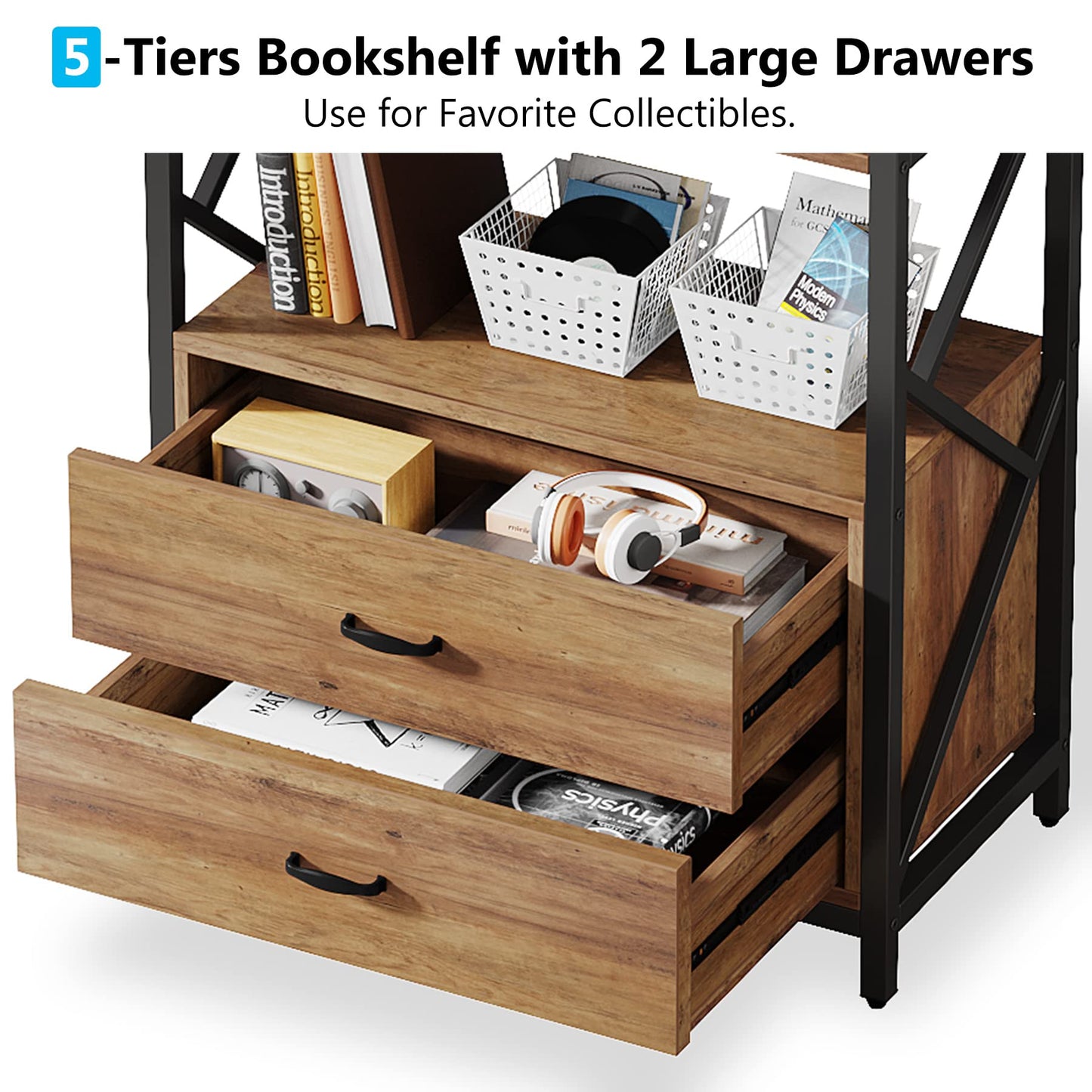 Tribesigns Bookshelf with Drawers, 70.8" Industrial Bookcase with 2 Drawers, 5 Shelf Open Shelf for Storage, Wood Book Shelf for Living Room, Bedroom, Home, Office (1, Rustic Brown)