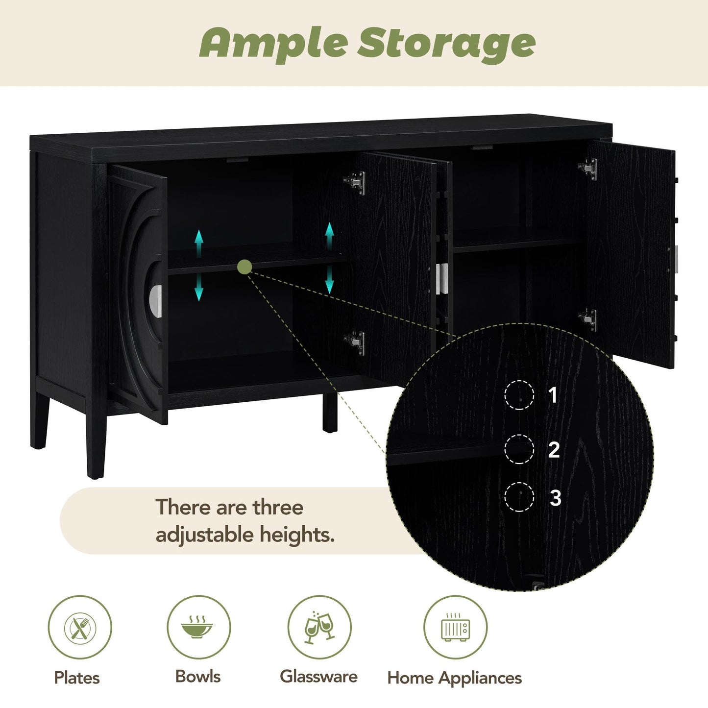Merax Modern Rustic Wood Buffet Sideboard with Storage Shelf, 4 Doors Coffee Bar Cabinet TV Stand for Bedroom Living Room Dinning Room Kitchen Black