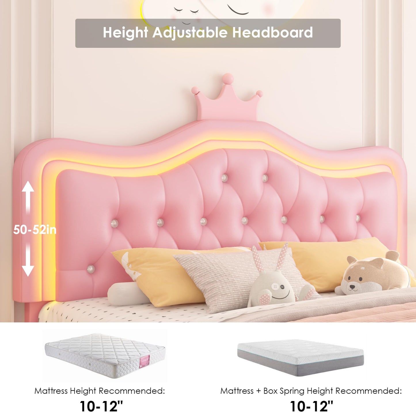 Keyluv Full Upholstered LED Bed Frame with Storage Drawer, Leather Princess Platform Bed with Adjustable Crystal Button Tufted Crown Headboard, Solid Wooden Slats Support, No Box Spring Needed, Pink