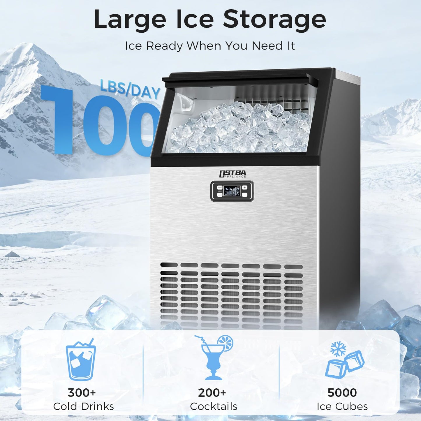 Commercial Ice Maker Machine, 100Lbs/24H Under Counter Ice Machine, 45 Clear Ice Cubes in 10–15 Mins, 33Lbs Storage Bin, Self-Cleaning Stainless Steel Ice Maker for Bar Restaurant Home Kitchen