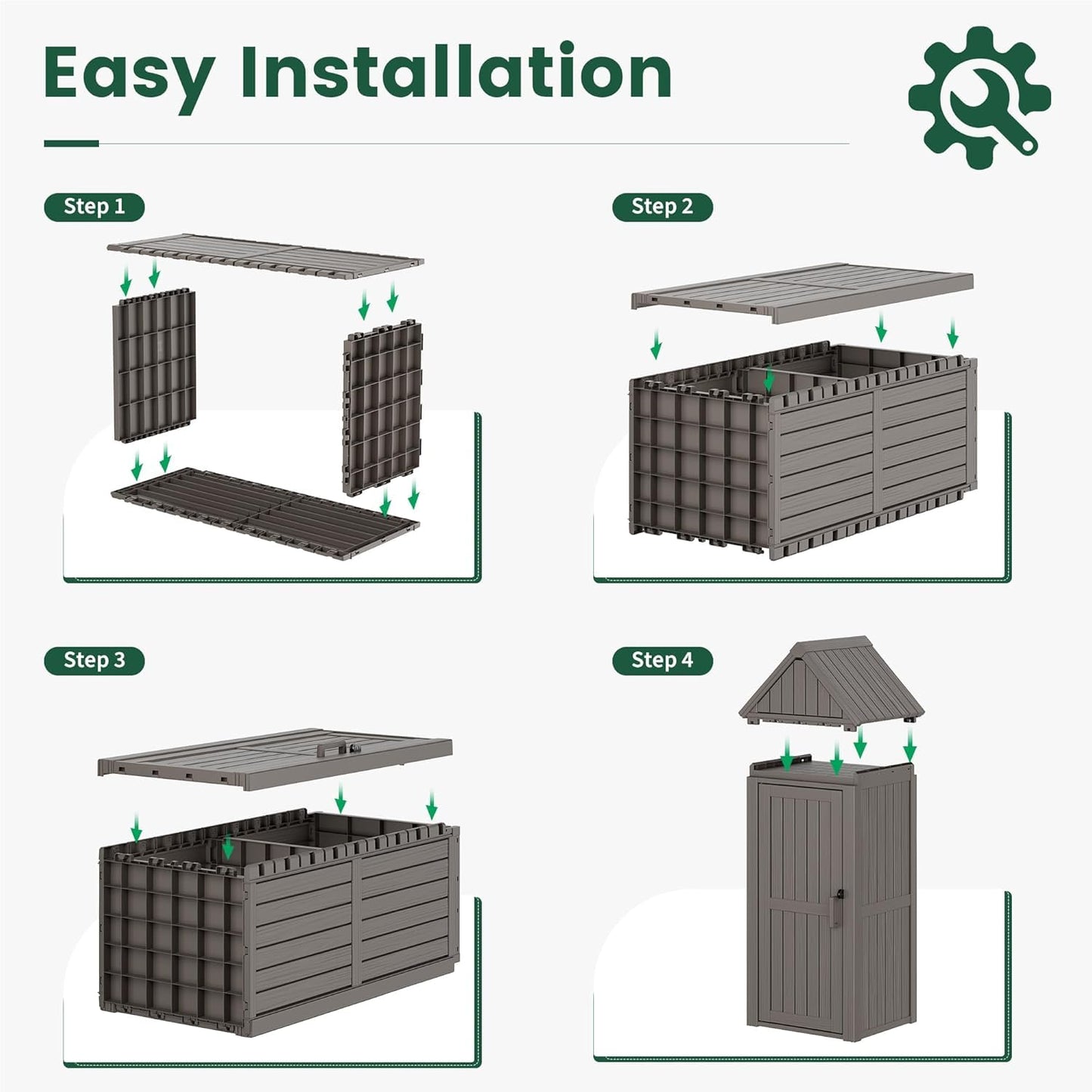 Bifanuo Deck Box Storage Shed Outdoor Storage Cabinet, Vertical Waterproof Resin Material Plastic Shed with Removable Shelves, 12 Hooks and Lock Ring for Garden, Pool and Patio (Classic Grey)