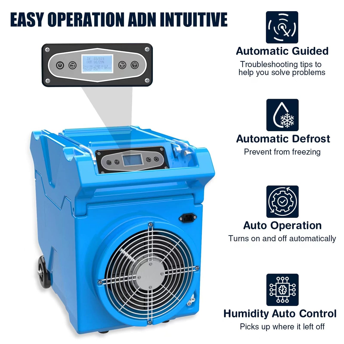 Mounto 150pints Commercial LGR Dehumidifier w/Handle and Wheels - Panasonic Compressor, ETL Certified, Compact & Stackable, Built-in Pump, LED Display