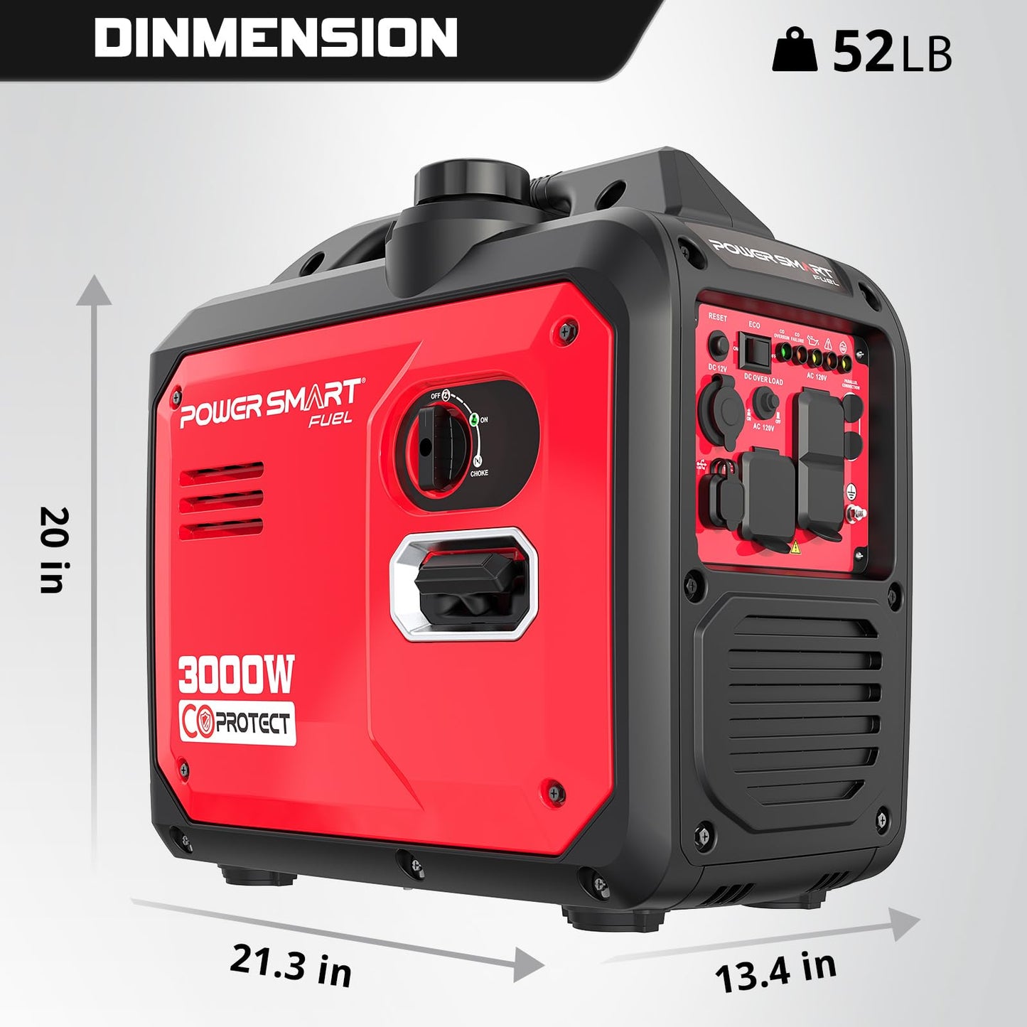 PowerSmart 3000W Portable Inverter Generator, Gas Powered with CO Alarm, Parallel Ready, 121.6cc 4-Stroke OHV Engine, Super Quiet for RV Camping and Home Emergency Backup