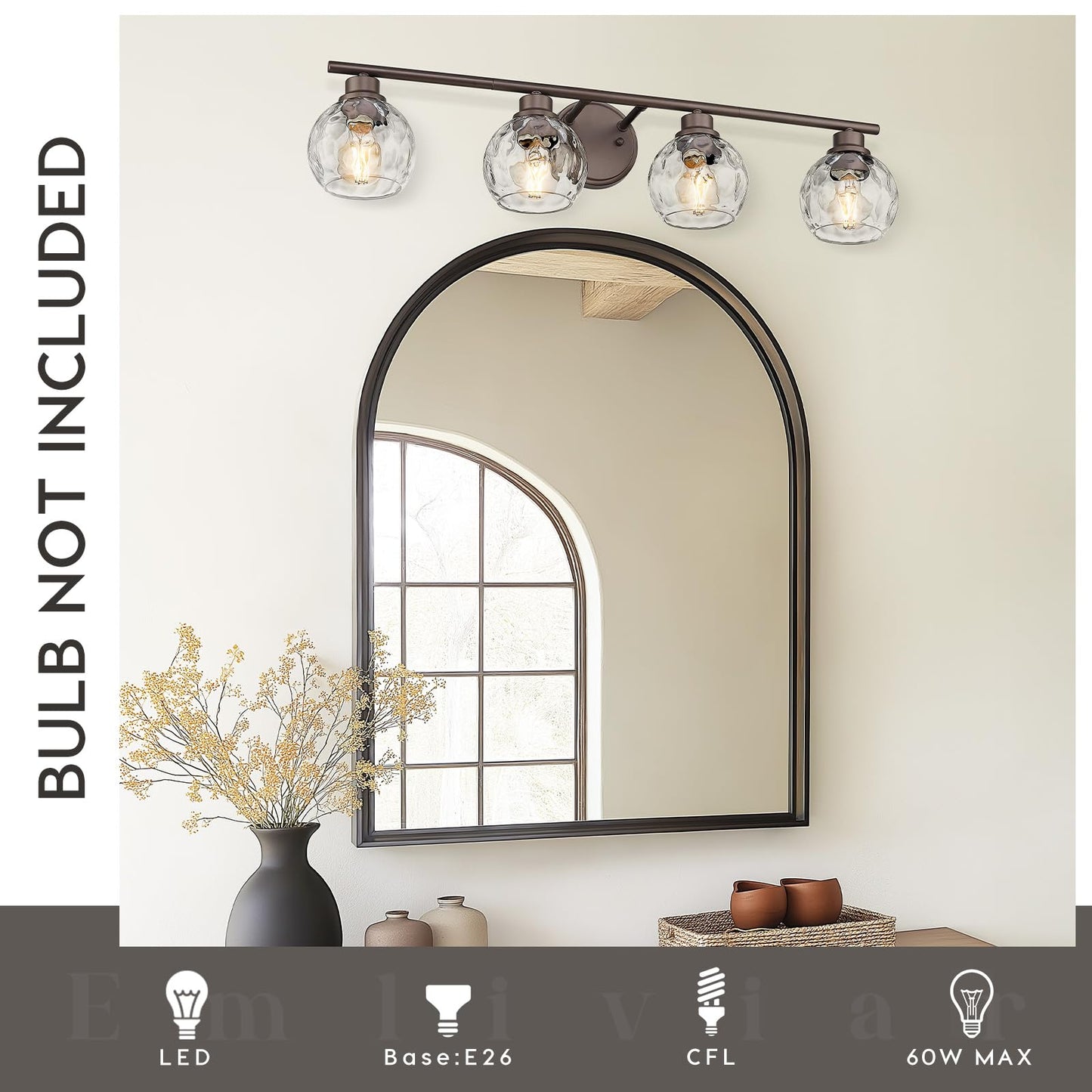 Emliviar 4-Light Vanity Lighting, 32.6in Water Ripple Globe Glass, Oil Rubbed Bronze Finish, Model YE295B