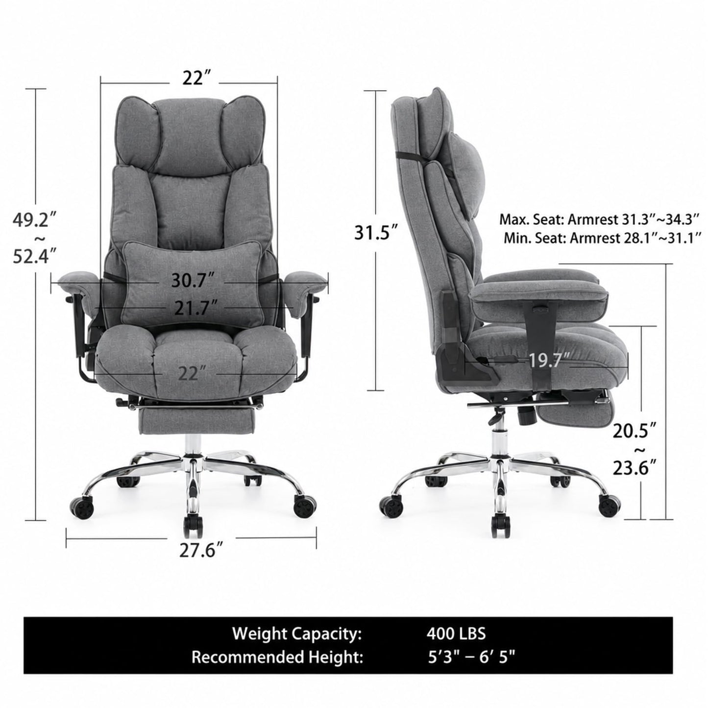 mokodo Big and Tall Office Chair 400lbs, Breathable Fabric Executive Desk Chair with Pocket Spring Cushion, 155° Reclining Computer Chair with Integrated Headrest & Lumbar Pillow (Grey)