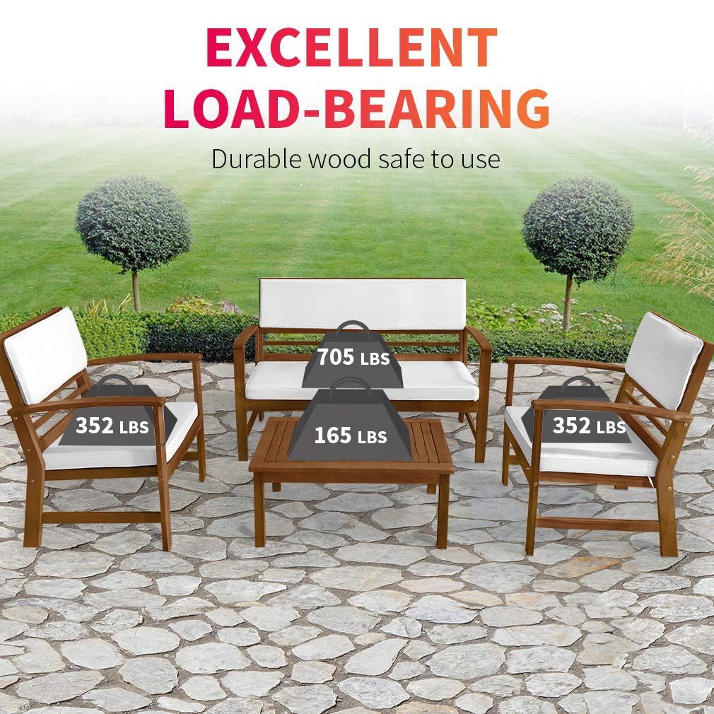 FDW 4-Piece Patio Conversation Set Acacia Wood Outdoor Sofa & Chairs with Coffee Table, Water-Resistant Cushions for Backyard, Garden, Balcony, Porch, Deck, Poolside, Beach Chat Set