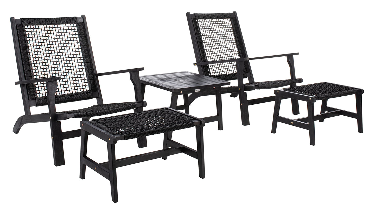 SAFAVIEH Outdoor - Chantelle Lounge Set - Black & Black - Solid Wood with Cushion - Coastal Low-Seat Design - Ideal for Patio, Deck, Porch, Backyard (PAT7076C)