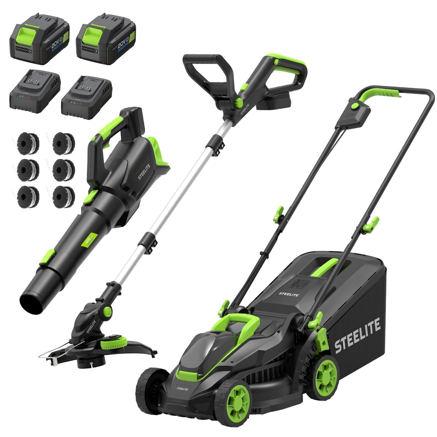 STEELITE 3-in-1 Cordless Lawn Mower, String Trimmer/Edger and Leaf Blower Combo, 20V Yard Tool Kit with 2 x 4.0Ah Batteries & 2 Chargers, 13 Inch Brushless Battery Powered Lawn Mower for Small Yards