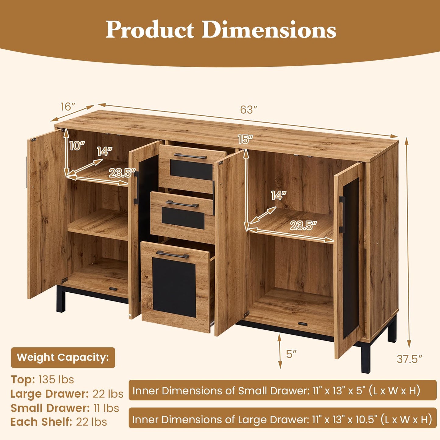 Giantex 63” Sideboard Buffet Cabinet, Large Farmhouse Organizer with 3 Drawers & Storage Shelves, 4-Door Modern Accent Coffee Bar Console Station for Kitchen, Entryway, Living Room