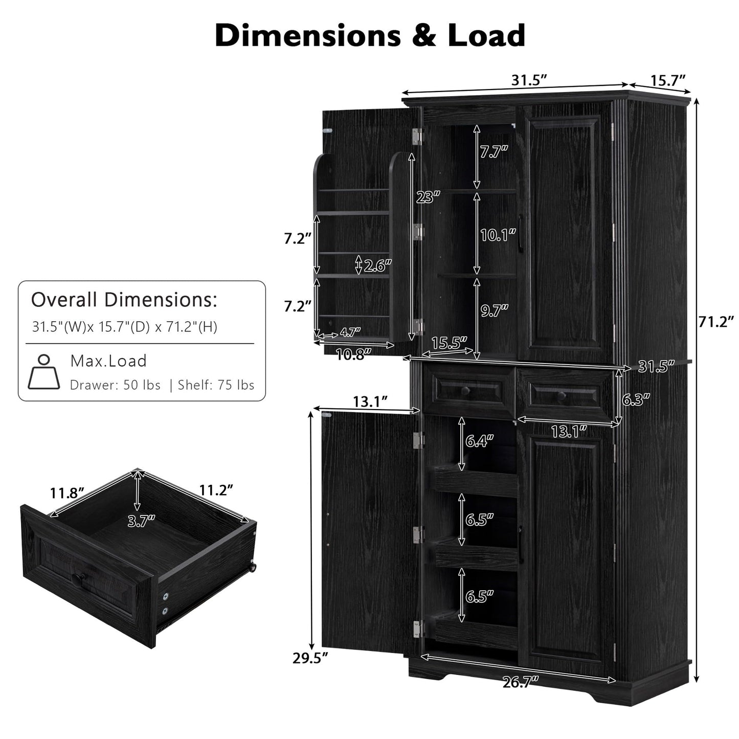 Ball & Cast 71" Farmhouse Kitchen Pantry Cabinet with 3 Pull-Out Organizers, Tall Storage Cabinet with 4 Doors, 2 Drawers, 6 Door Shelves & Adjustable Shelves, Freestanding Cupboard, Black