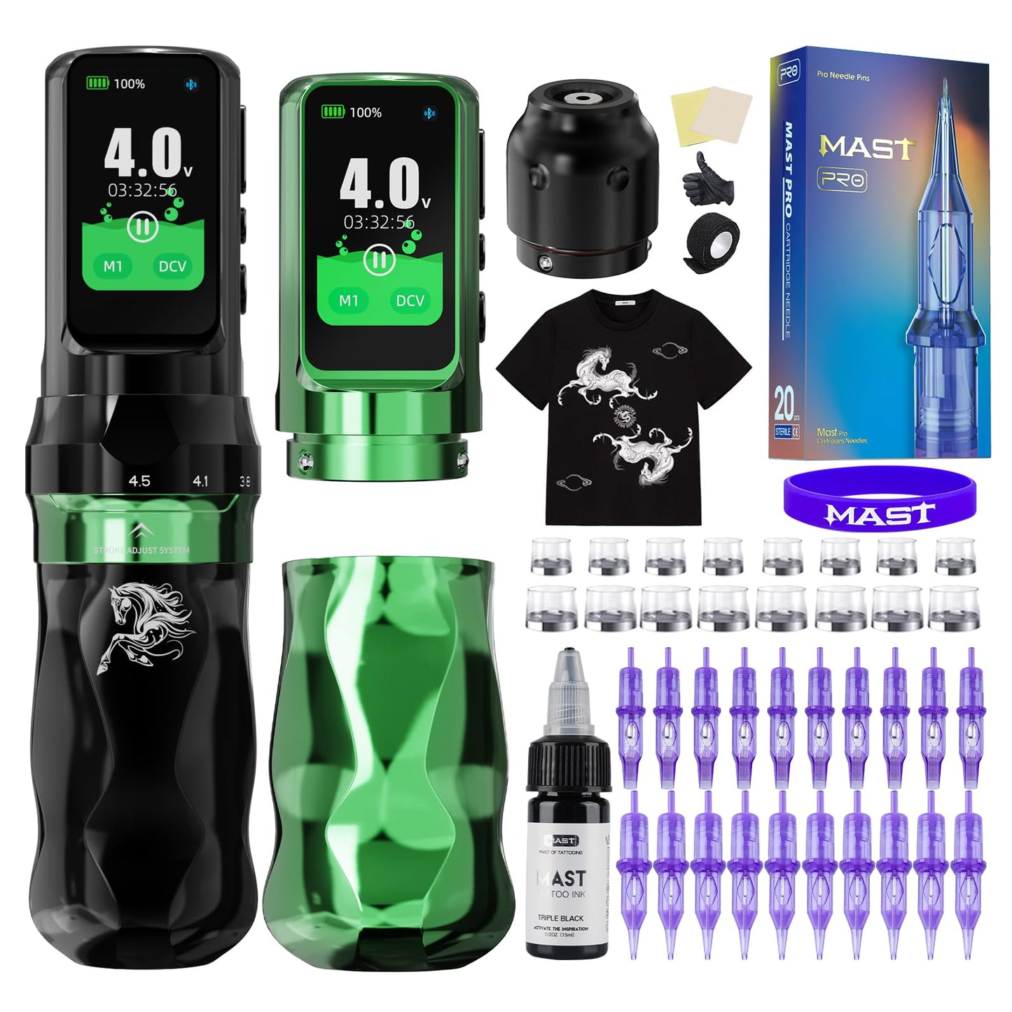Mast Tattoo Fold Pro Cordless Tattoo Gun Kit Year of the Horse Edition Tattoo Machine 20 Pro Needles Black Tattoo Ink for Professional Artists Complete Tattoo Supplies (Green)