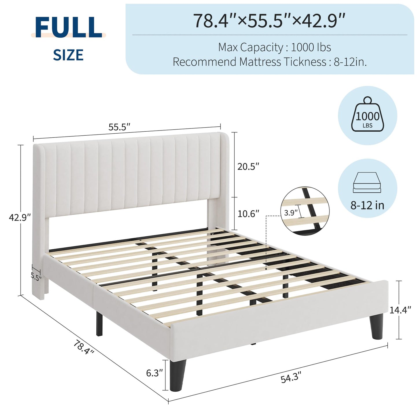 IDEALHOUSE Full Size Velvet Bed Frame/Vertical Channel Tufted Wingback Headboard/Upholstered Platform Bed/Wood Slats/No Box Spring Needed/Easy Assembly/White