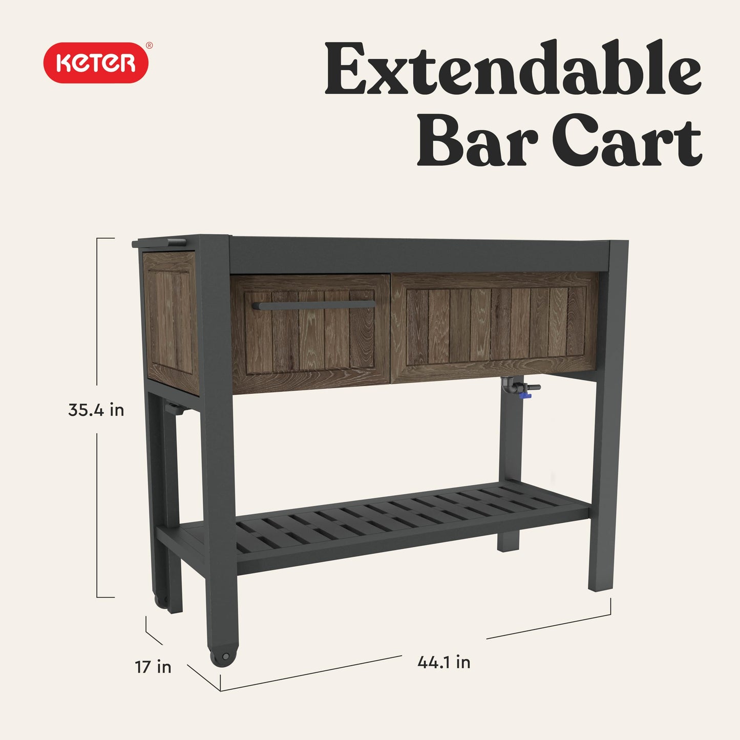 Keter Extendable Outdoor Bar Cart with Hidden Cooler, Storage Drawers & Prep Surface – Mobile Patio Serving Station with Drainage Kit & Hidden Wheels for Backyard, Garden & Poolside Entertaining