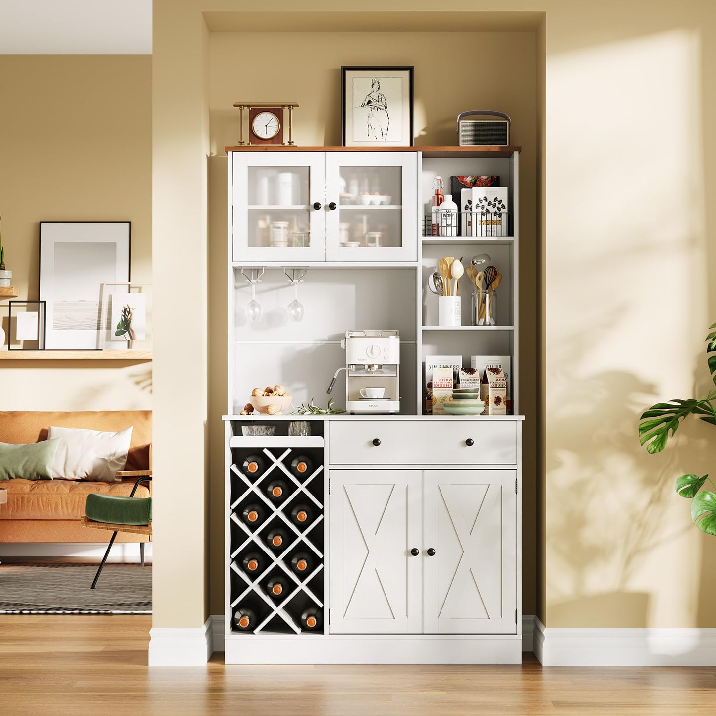 71" Kitchen Pantry Cabinet with Wine Bottle Rack and Charging Station Tall Pantry Storage Cabinet with Adjustable Shelves and Door Shelves Modern Kitchen Hutch with Microwave Stand and Countertop