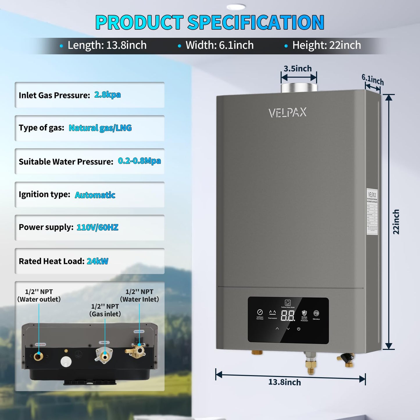 Natural Gas Tankless Water Heater,Indoor 4.74GPM 18L,Constant natural gas Tankless water heater,Instant Hot Natural Gas Water Heater with Multi-Protection