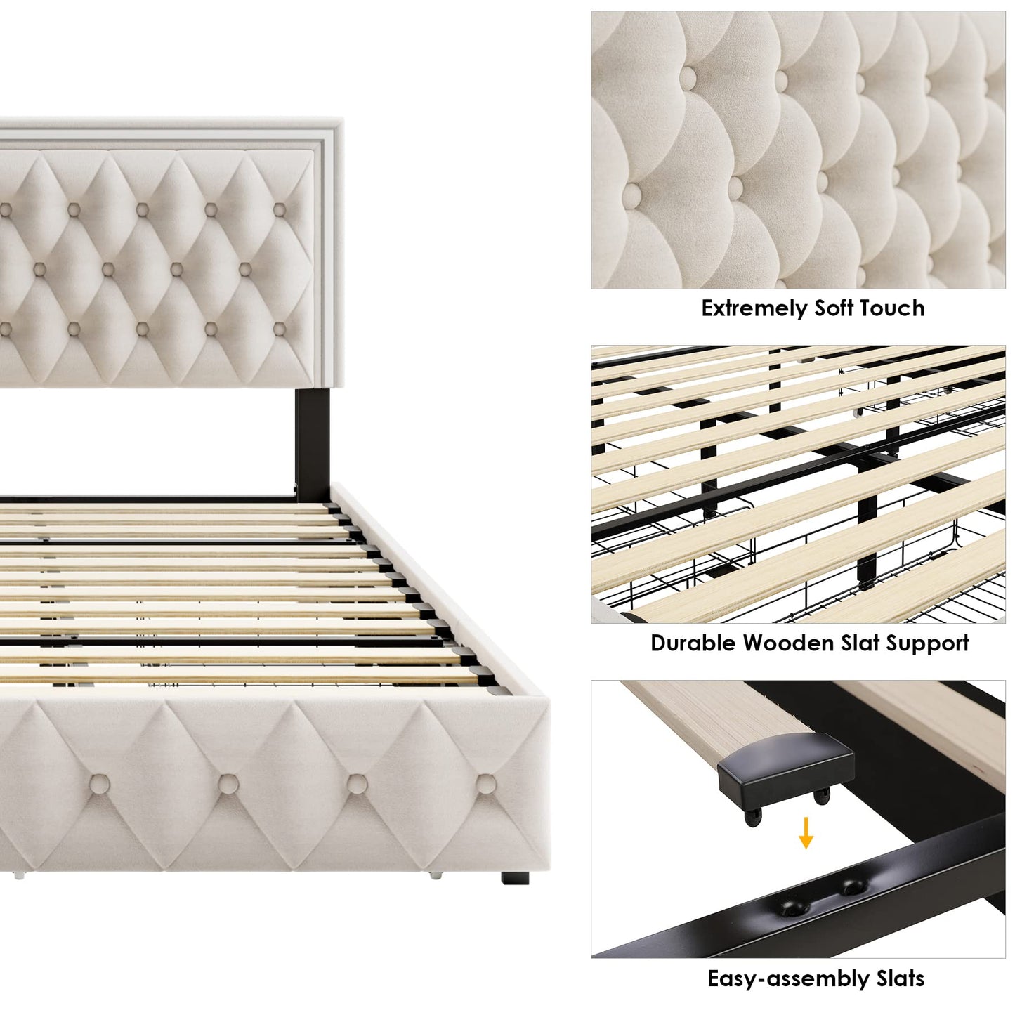 Keyluv Full Size LED Bed Frame with 4 Storage Drawers and Adjustable Headboard, Velvet Upholstered Button Tufted Modern Platform Bed, Solid Wooden Slats Support, Easy Assembly, Beige