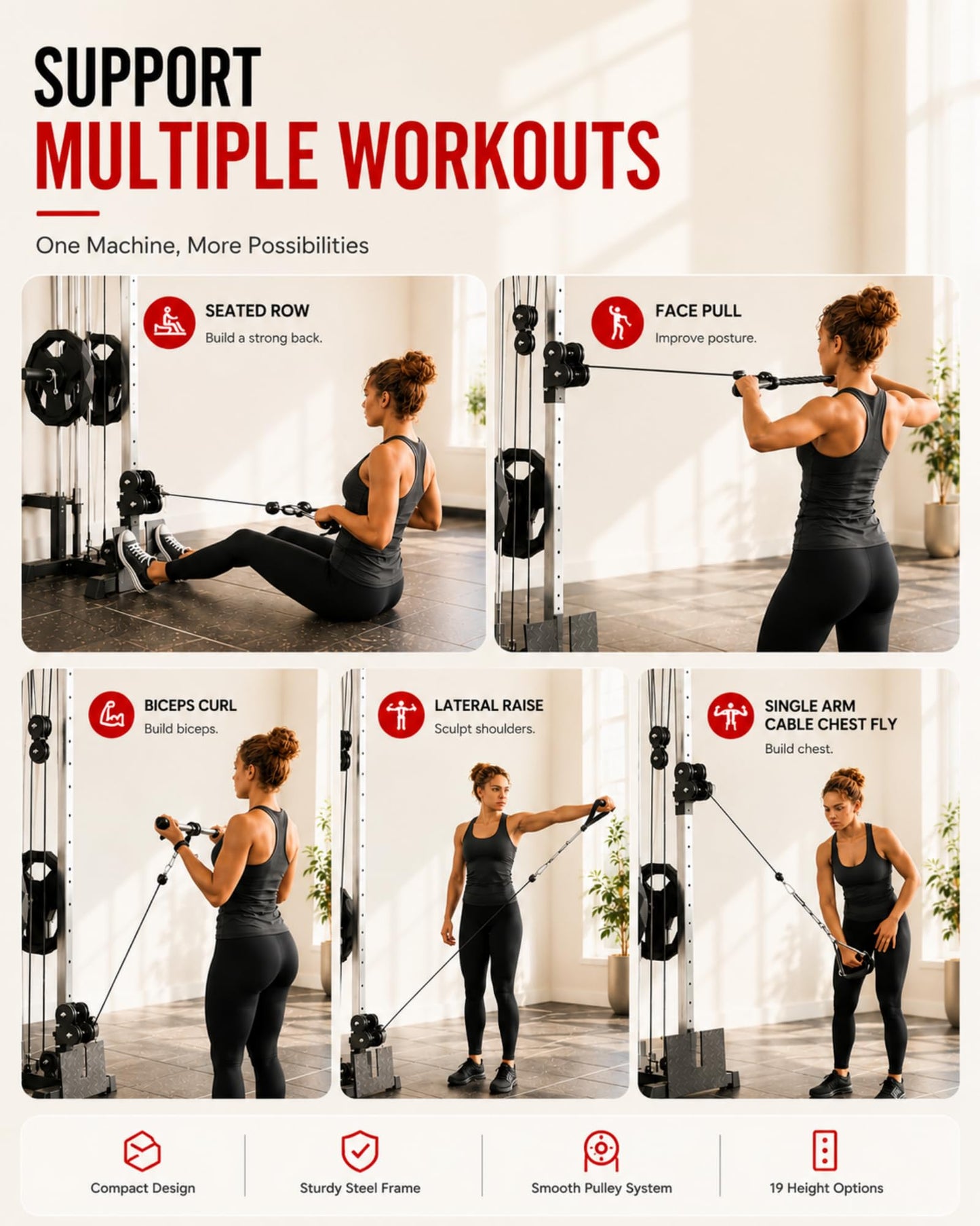 Wall Mount Cable Station – Dual Pulley Cable Crossover Machine with 18 Adjustable Positions, Tricep Rope, T-Bar, LAT Pulldown Bar & Foot Board for Home Gym Strength Training