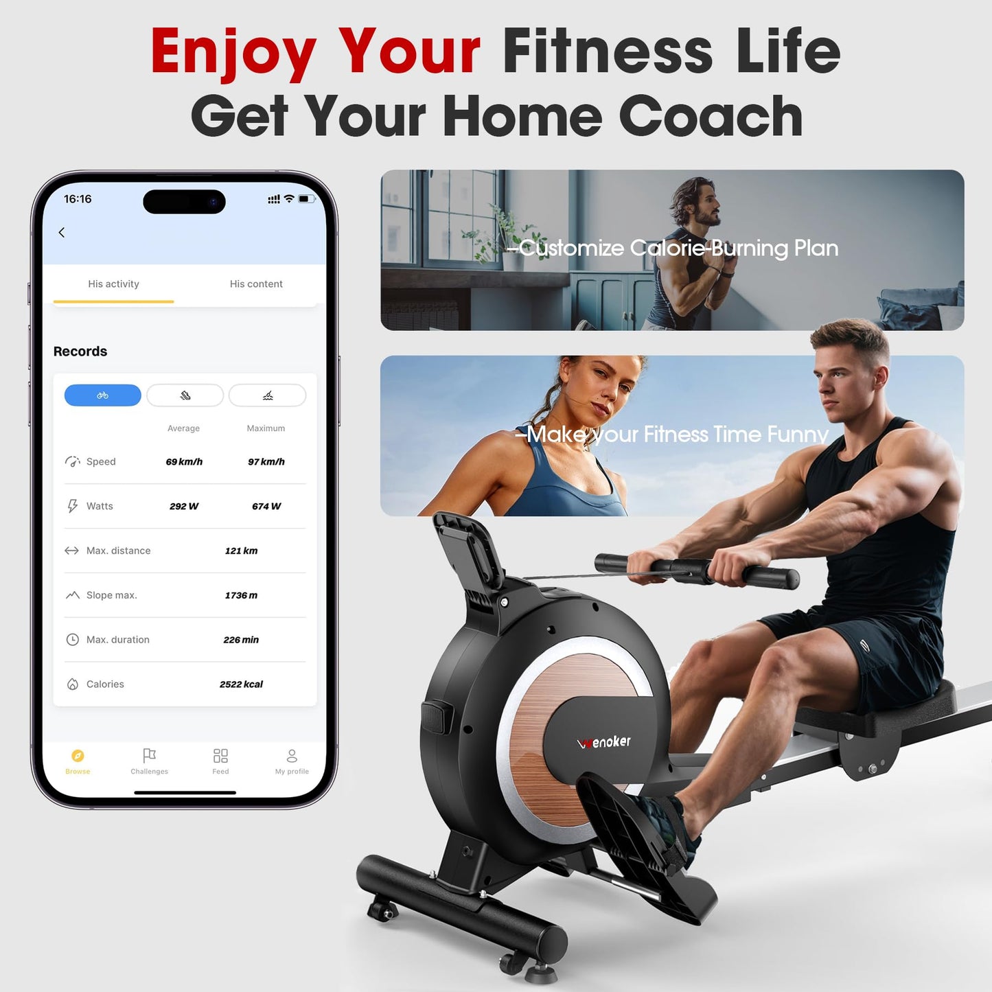 Wenoker Rowing Machine for Home, Magnetic Rower Machine, 350 LB Weight Capacity, 16-Level Silent Resistance Row Machine for Gym Exercise Full-Body Workout Compact Rower with LCD Monitor Tablet Holder