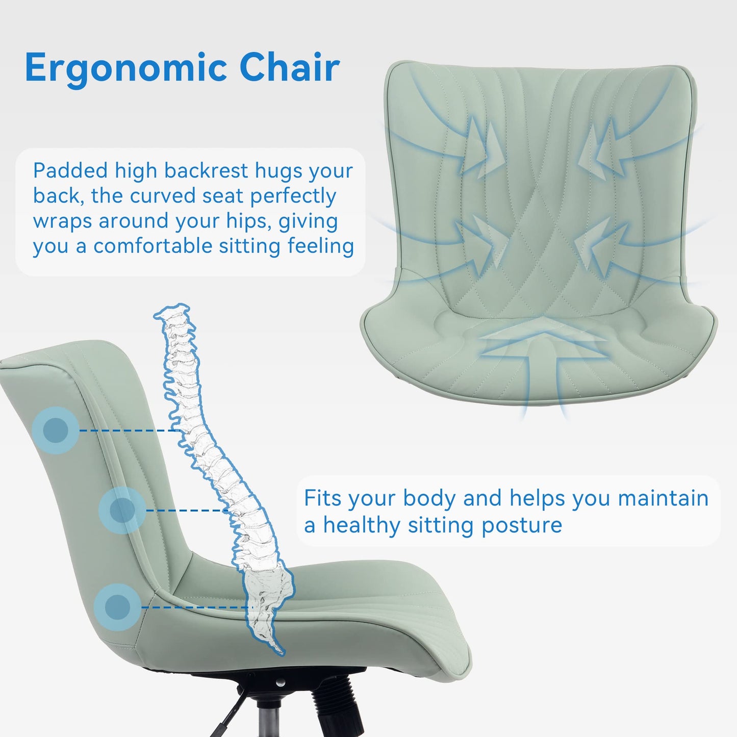 YOUNIKE Office Chair, Armless Desk Chair with Wheels, Home Office Computer Task Chairs, Modern Faux Leather Padded Vanity Chair, Adjustable Swivel Rolling Office Chair with Back, Mint Seafoam Green
