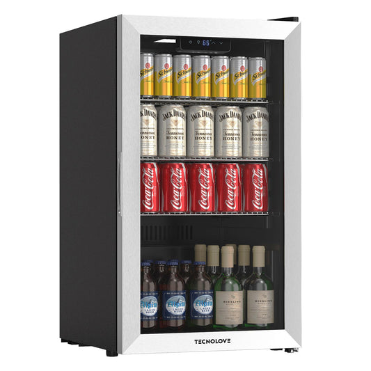 Beverage Refrigerator Cooler,Mini Fridge,Free Standing,123can/3 Cu. Ft,Cools Down To 37 ℉,LED Touchscreen Digital Temp Control,Under Counter,Double-layer Glass Door,Adjustable Shelves,Stainless Steel
