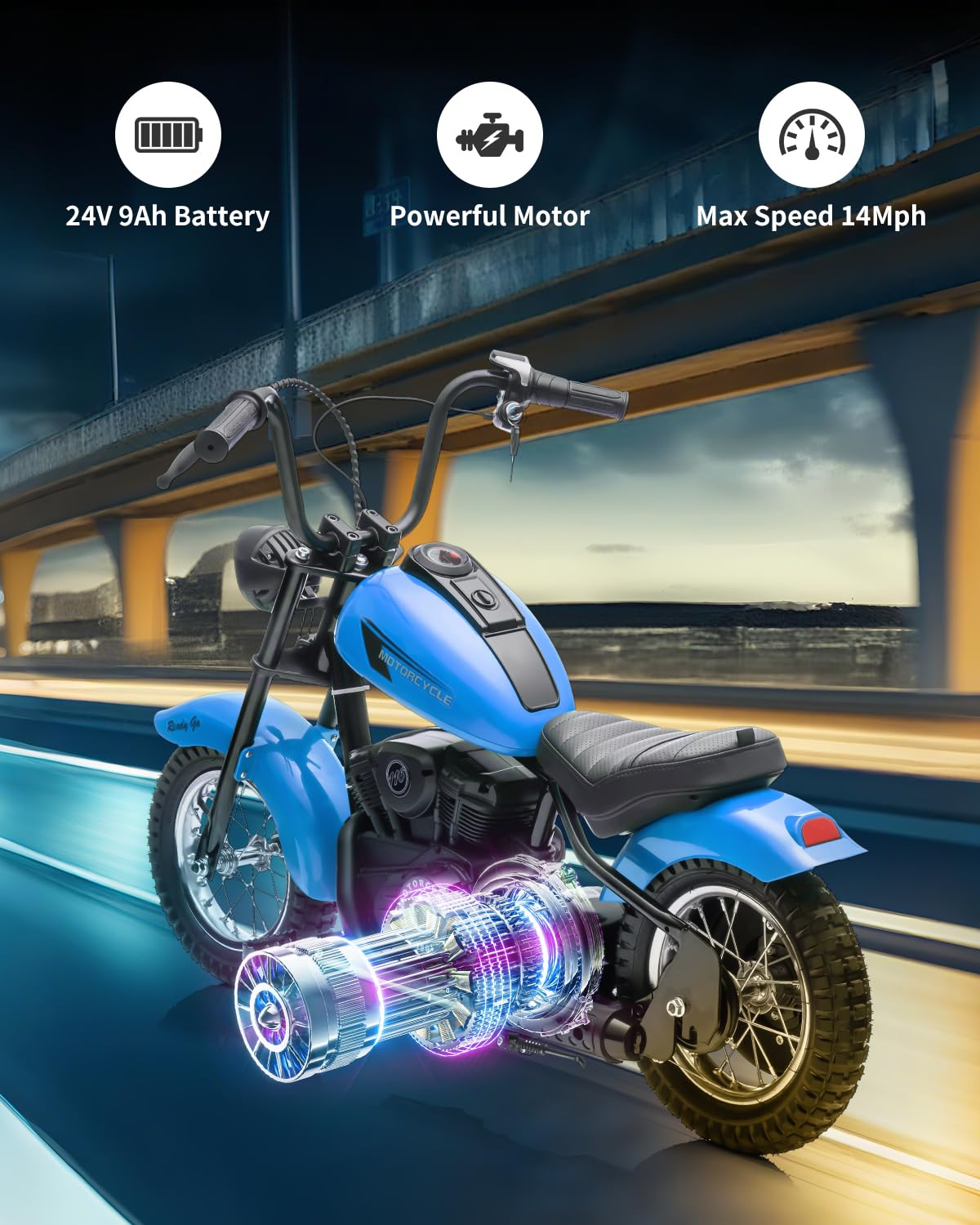 Electric Dirt Bike for Kids 24V, 150lb Max Weight & 15mph, Chain Driven Motor w/12'' Air Filled Tires, Handbrake & Shock Absorbers, LED Lights, Power Display Ride On Toy for Boys & Girls