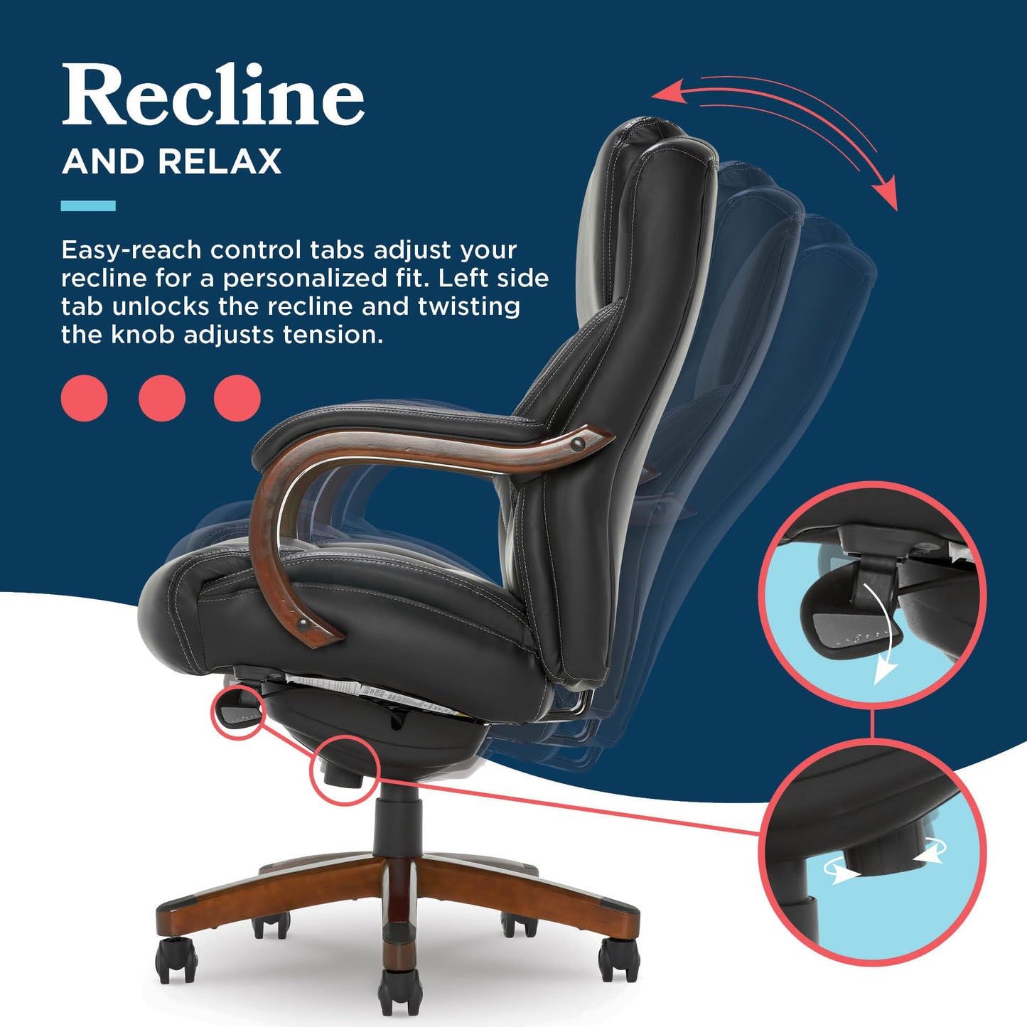La-Z-Boy Delano Big and Tall Executive Office Chair - Ergonomic Lumbar Support Memory Foam - Bonded Leather Desk Chair for Home Office - Mahogany Wood Arms - Black