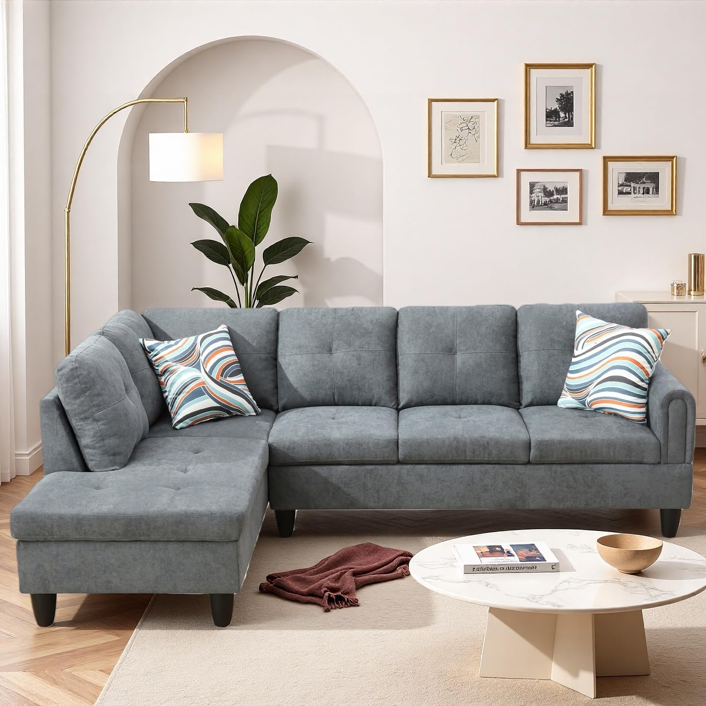 Trygoal Modern L-Shaped Sectional Sofa with Chaise Lounge, 4-Seater Fluffy Couch with High-Density Foam Cushions, for Living Room, Apartment, Studio, Easy Assembly, Dark Grey