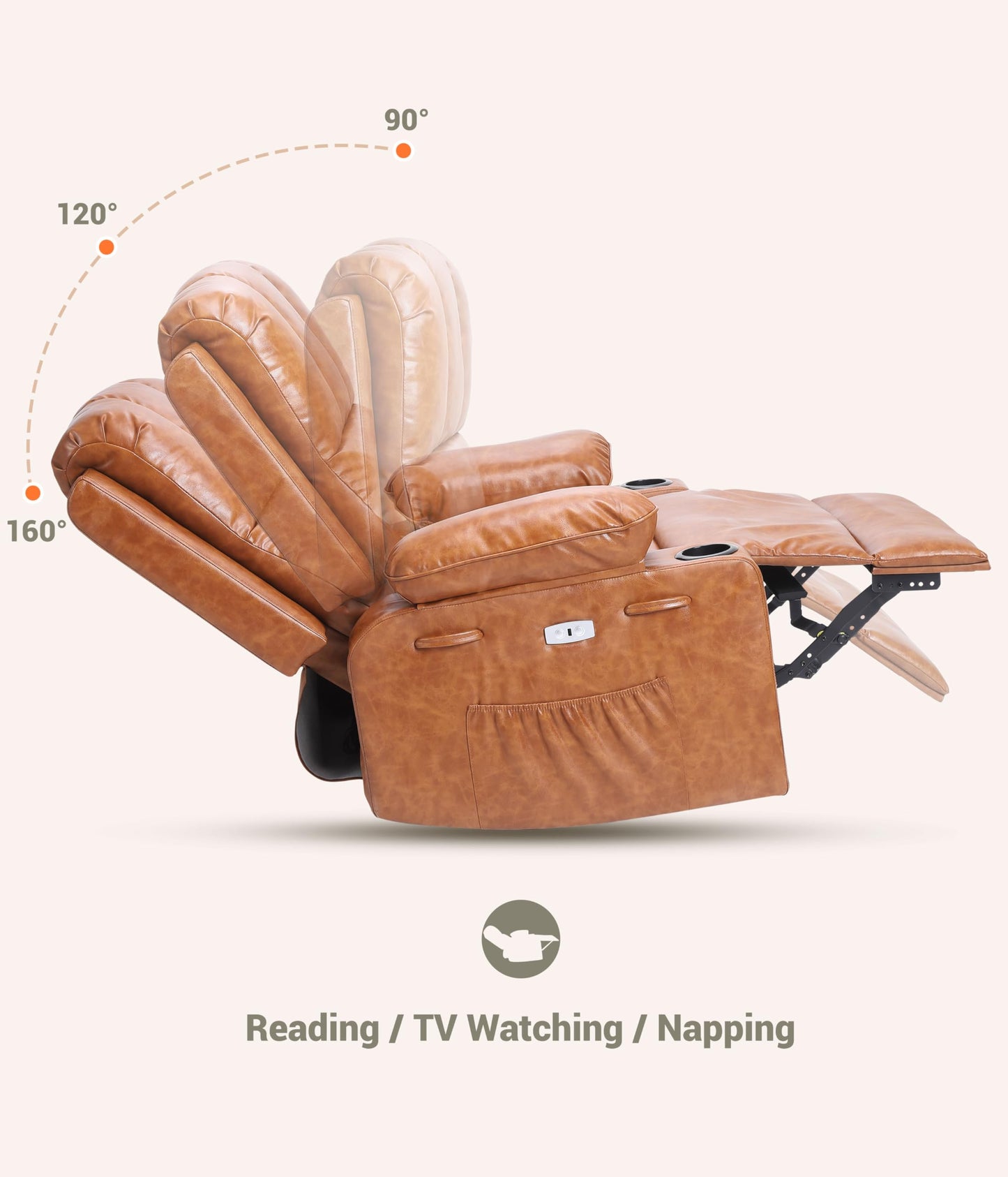 IDEALHOUSE Power Recliner Chair with Massage and Heat, Leather Fabric Reclining Sofa Chair, 360° Swivel Recliner Chairs with Cup Holder for Living Room, Bedroom, Nursery, Retro Brown