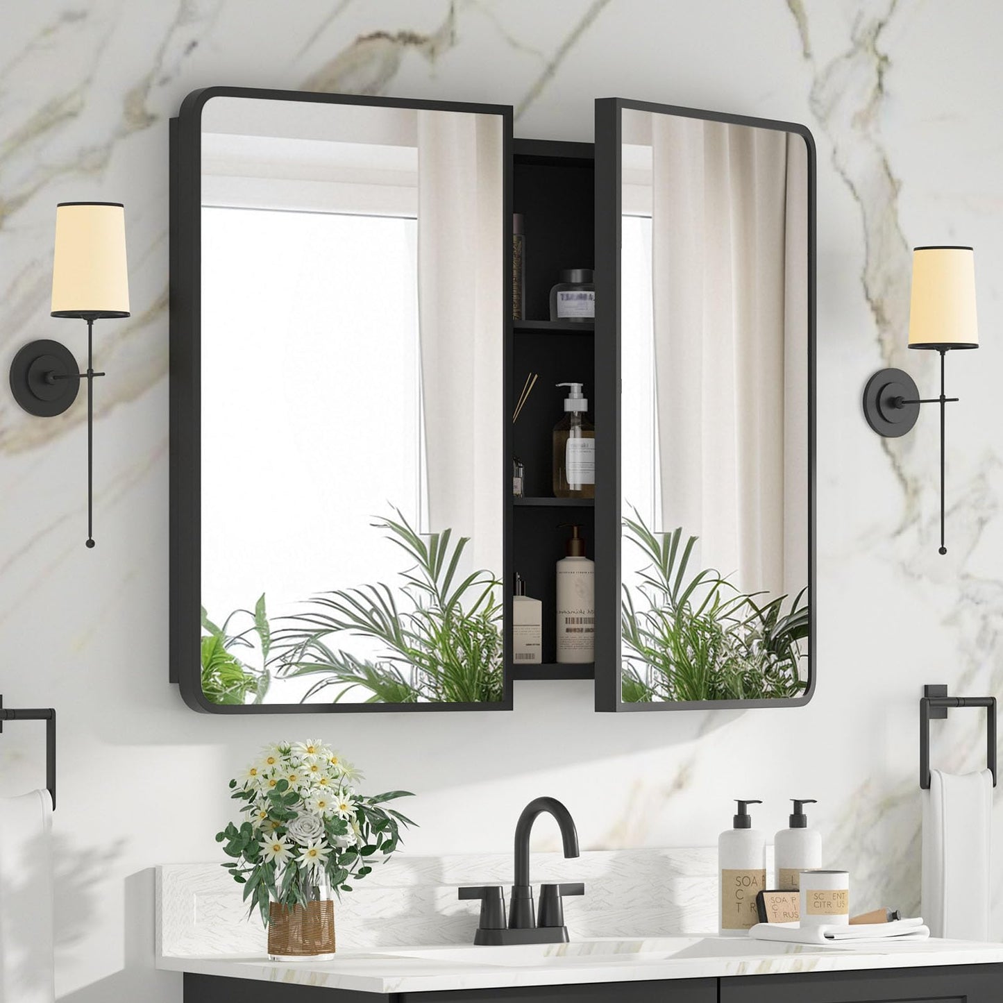 YTSMIR Bathroom Medicine Cabinet with Mirror 24 x 30 Inch, Black Medicine Cabinet Recessed or Surface Wall-Mounted, Mirrored Cabinets with Sturdy Metal Adjustable Shelves for Bathroom Vanity
