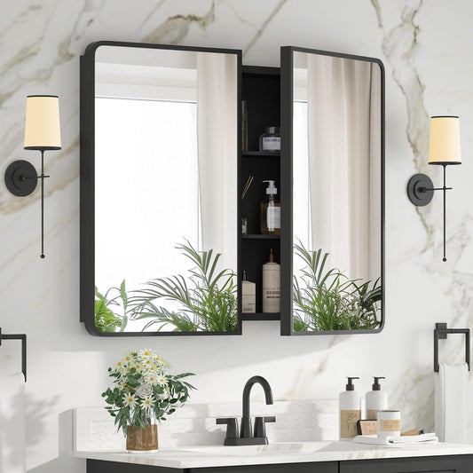YTSMIR Bathroom Medicine Cabinet with Mirror 24 x 30 Inch, Black Medicine Cabinet Recessed or Surface Wall-Mounted, Mirrored Cabinets with Sturdy Metal Adjustable Shelves for Bathroom Vanity