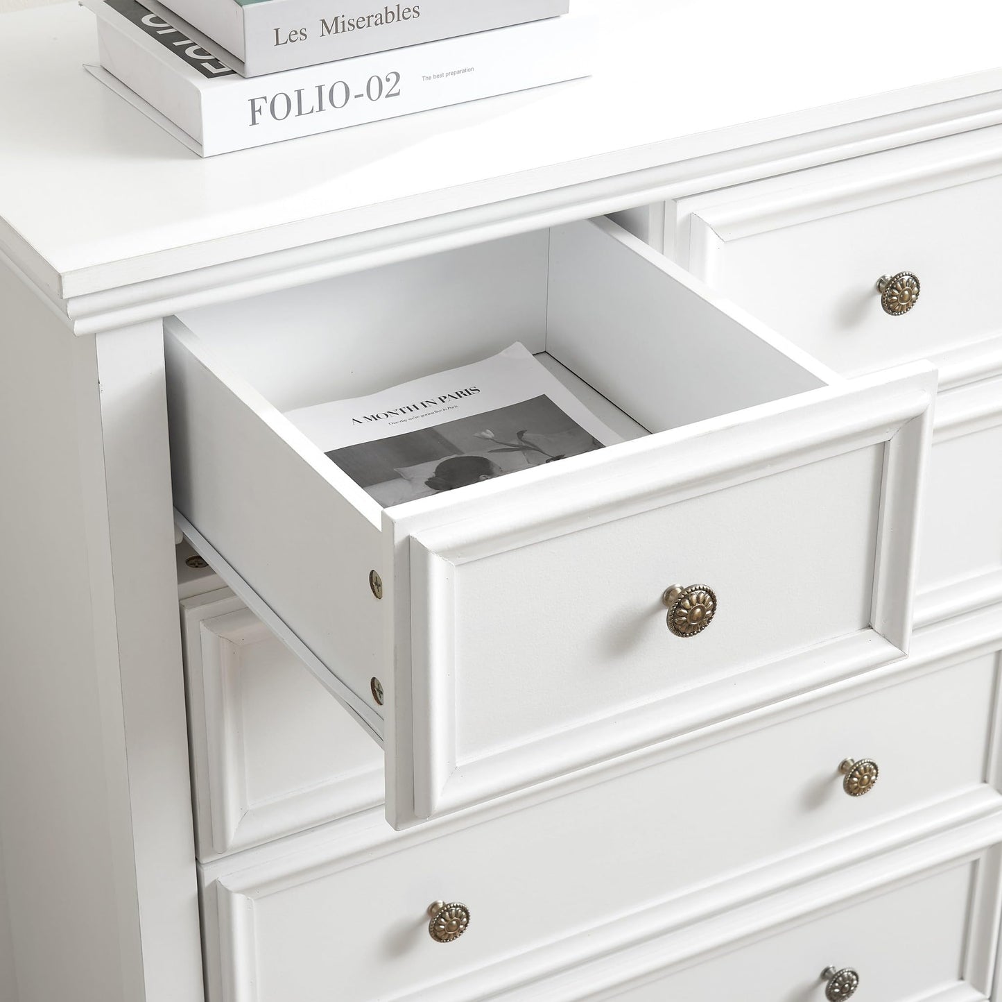 CKEASEAN 6 Drawer Dresser, 44 inch Tall Farmhouse Dresser Nightstand Chest of Drawer, Wooden Storage Cabinet Storage Chest of Drawers for Living Room, Hallway, Entryway (White, 44" H)