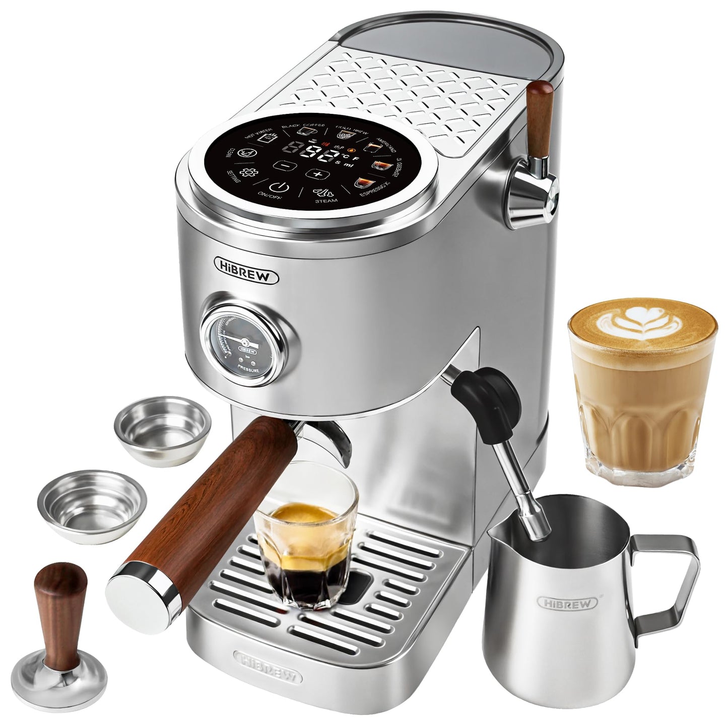 HIBREW H13 Dual Thermoblock Espresso Machine with LED Touch Screen, 58mm Portafilter in Stainless Steel, PID Control, 20 Bar Pump, 3-Level Steam, Separate Hot Water Spout for Home