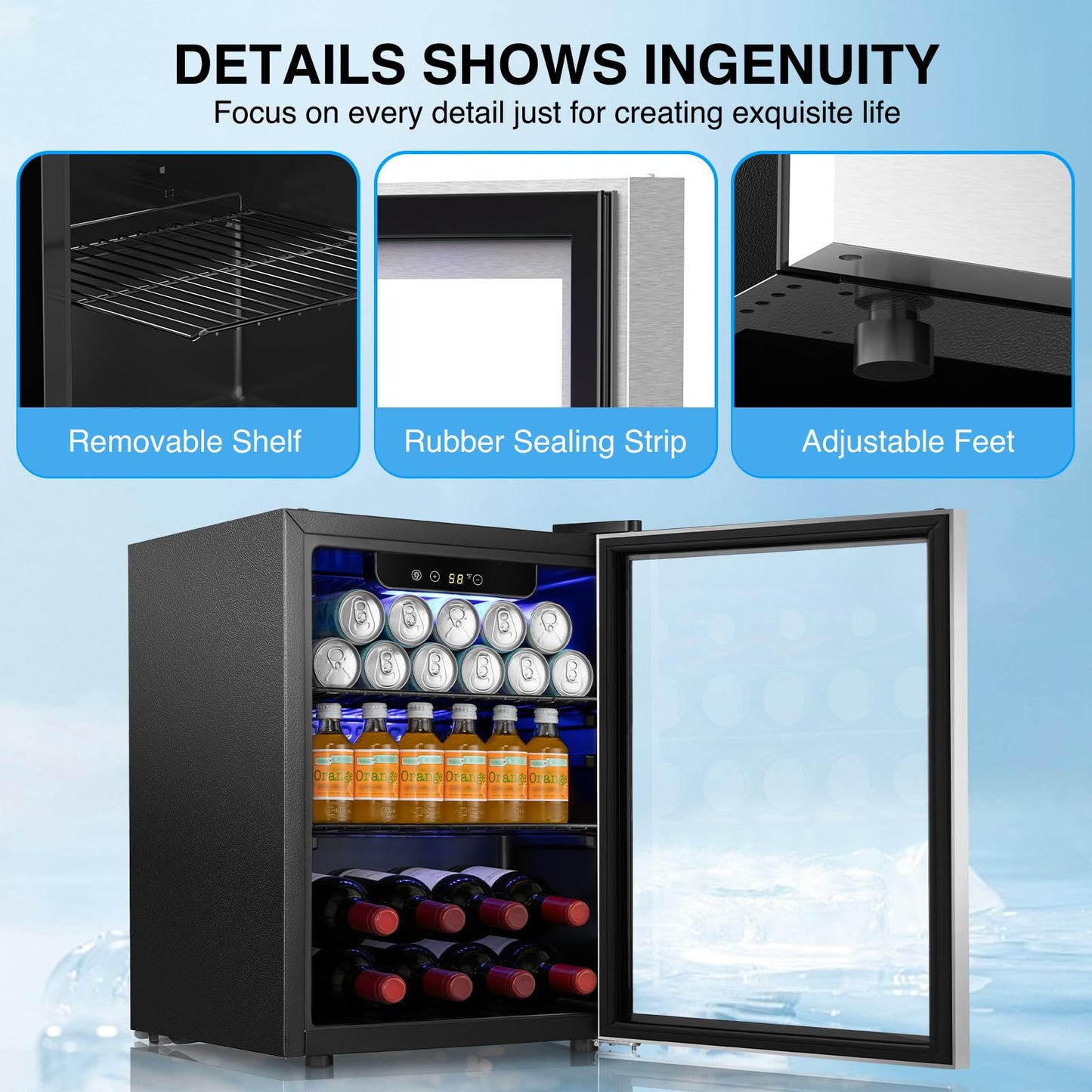 Kismile 18 Bottle Freestanding Wine Cooler Refrigerator, 1.7 Cu. Ft Mini Wine Fridge with Digital Temperature Control, Single Zone Cooling, Double-Layer Glass Door & Removable Shelves, 40-61°F