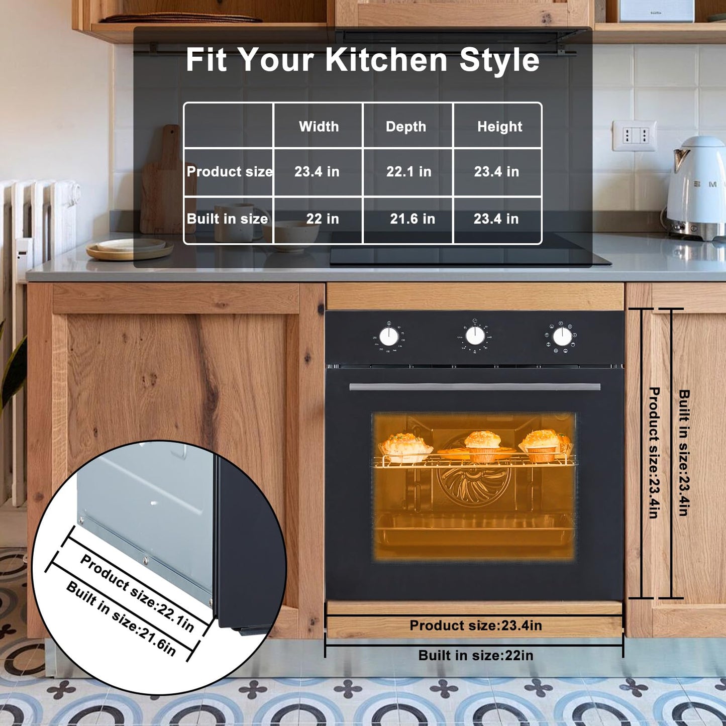 MilleLoom 24" Single Wall Oven - 2.5 Cu.Ft, 240V 3000W, Even Cooking, Versatile Functions, User-Friendly Controls, Double-Layered Glass Door, Black