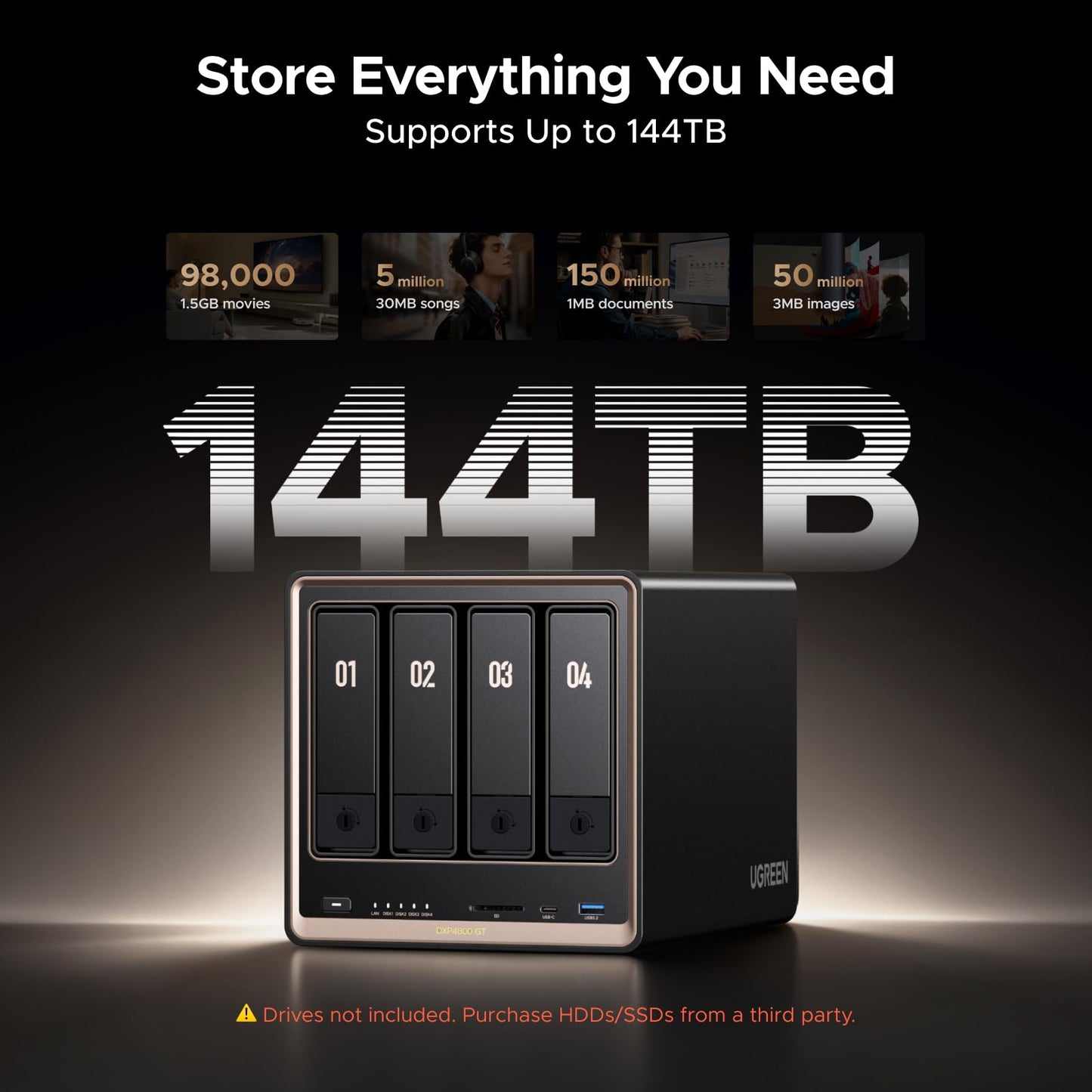 UGREEN NAS DXP4800 GT 4-Bay Desktop Network Attached Storage, AMD R2514 CPU, 8GB DDR4 RAM, 2X 10GbE, 2X M.2 NVMe Slots, 4K HDMI Ideal for Smart Home Enthusiasts, Creators, Office Teams (Diskless)