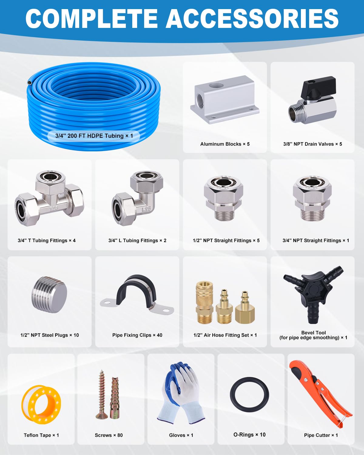 MOLAVIEE Compressed Air Line Kit, 3/4 Inch ID x 200FT HDPE-Aluminum Compressed Air Piping System, Garage Air Compressor Line Kit Accessories for Shop | 200 PSI | 170PCS