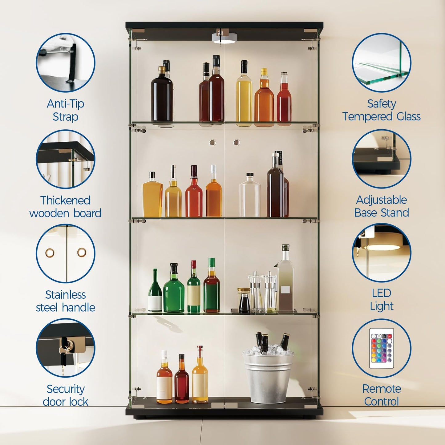 GarveeHome 4 Shelves Display Cabinet, Tempered Glass Curio Showcase with LED Light & Lock, Double Doors Storage Cabinet for Living Room Bedroom Office, Black, 64x31.7x14.3 Inch
