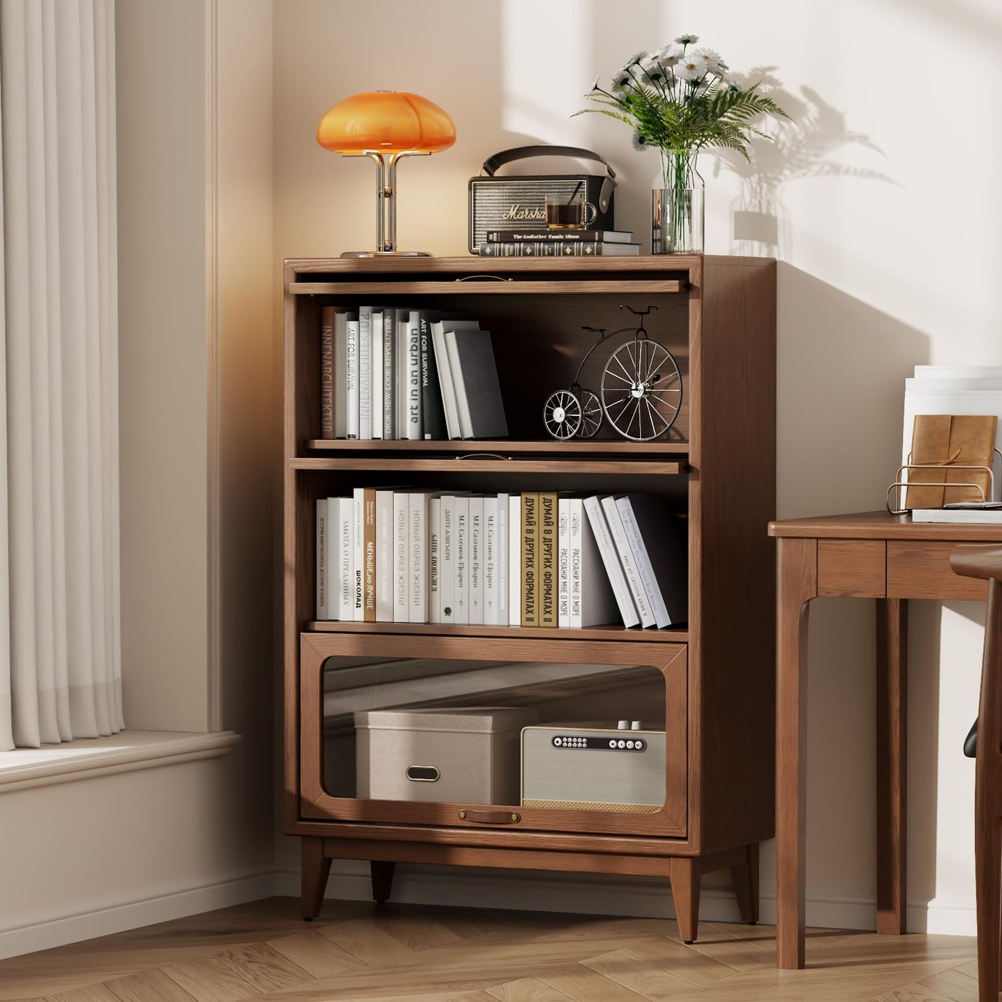 AQIMUELE Solid Wood Storage Cabinet with Glass Doors, 3 Shelf Small Storage Cabinet, Mid Century Modern Bookcase, Kitchen Pantry Cabinet (Walnut-Clear Glass, 31.5" W)