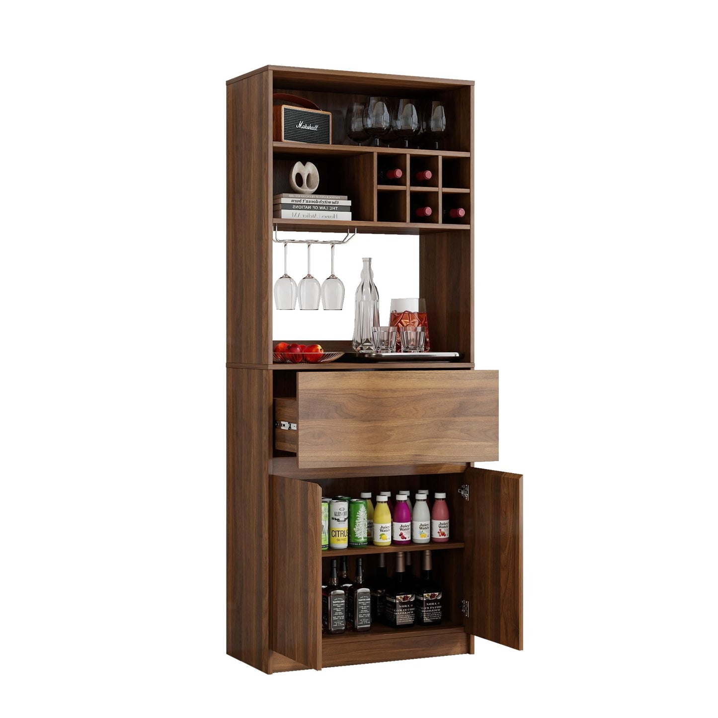 KEIKI 70.87" H Tall Kitchen Pantry Wine Bar Storage Cabinet with Countertop, Wine Rack, Glass Holder, Drawers, Wood Freestanding Hutch Food Pantries Cupboard for Coffee, Dining Living Room