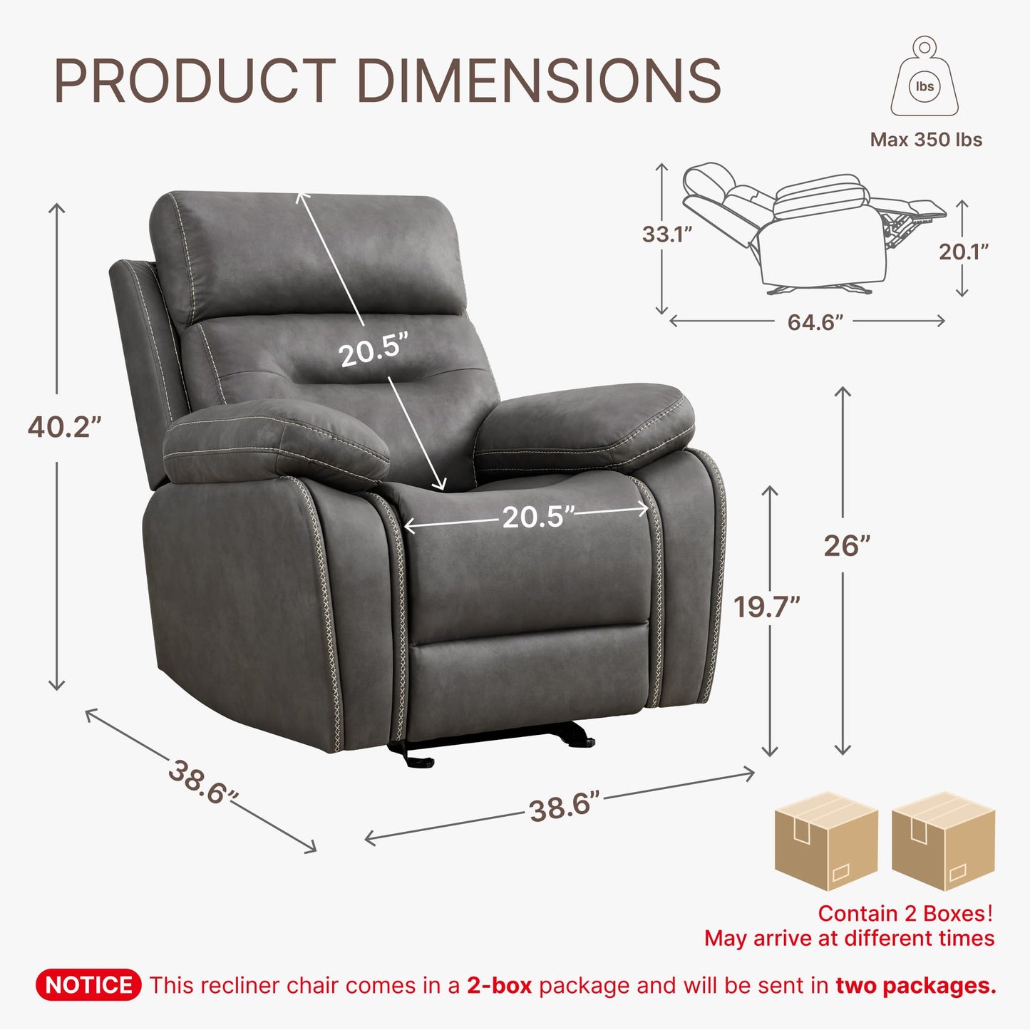 KISLOT Leather Recliner Chair Manual Sofa Rocker for Adults with Overstuffed Arm for Living Room Bedroom Home Theater Seating