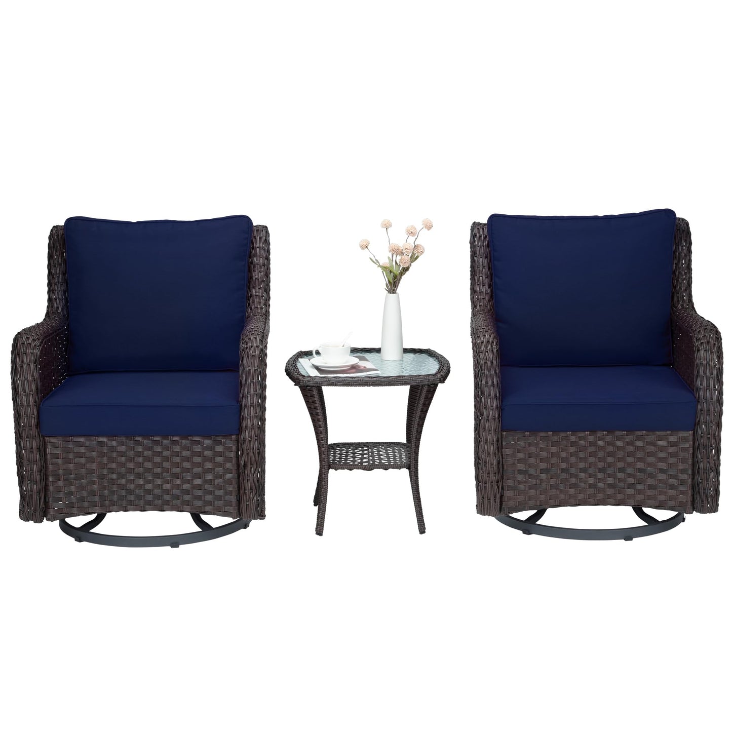 Towallmark Outdoor Swivel Wicker Glider Patio Chairs with Table Set, 3 Pieces Outdoor Bistro Set with 4”Thick Cushions and Coffee Table for Porch, Balcony, Deck (Blue)