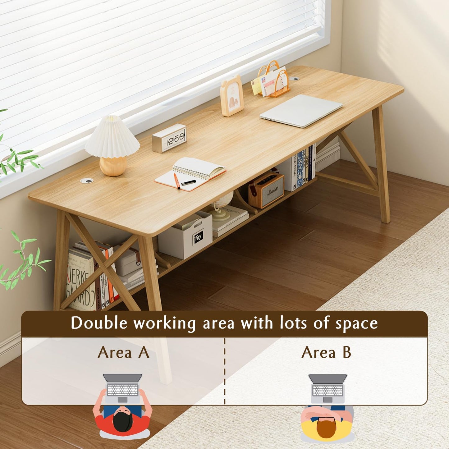 NELYE Extra Long Desk with Bookshelf - Wooden Home Office Work Study Table, 2-Person Writing Computer Workstation with Storage Shelf in Oak, 63" Wx24 Dx30 H