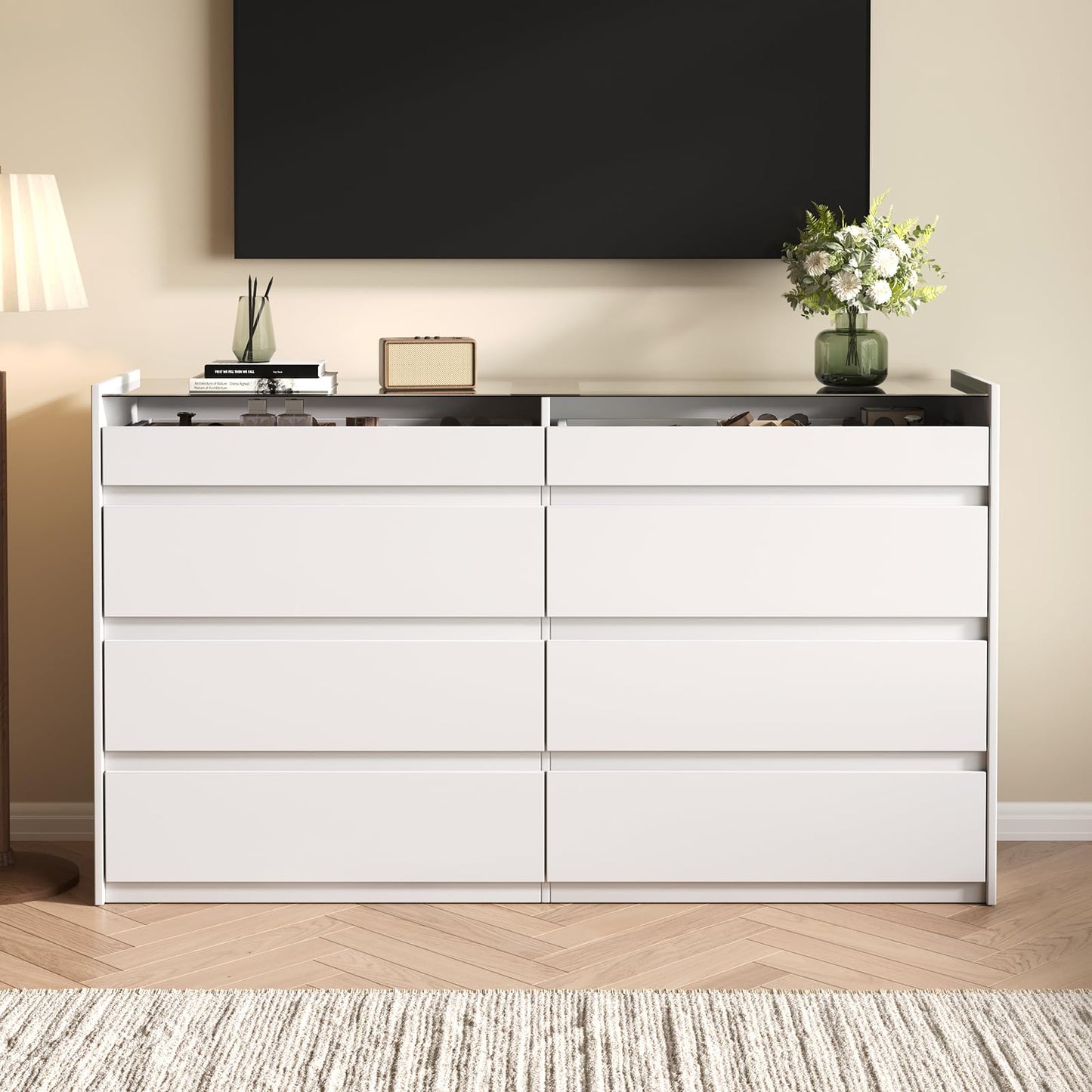 ZORPLIX White 8 Drawer Dresser for Bedroom, Modern Chest of Drawers, Jewelry Dresser Display with Glass Top and LED Light, Dressers Organizer for Bedroom, Closet, Living Room