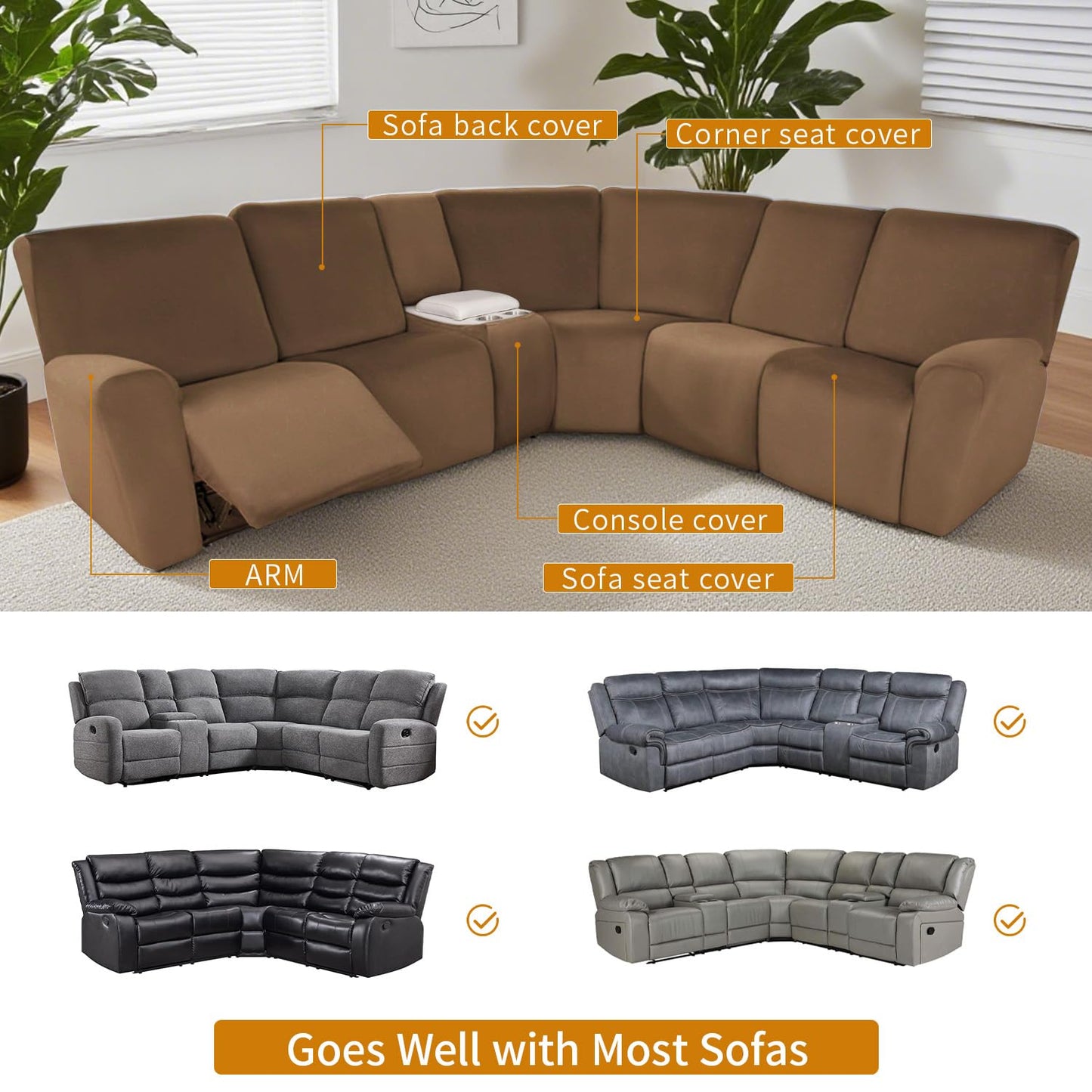 HDCAXKJ Reclining Sectional Couch Covers Velvet L Shaped Sectional Sofa Cover Washable Stretch Soft Corner Recliner Slipcover with Non-Slip Elastic Bottom (5 Seat and 2 Middle Console, Light Brown)
